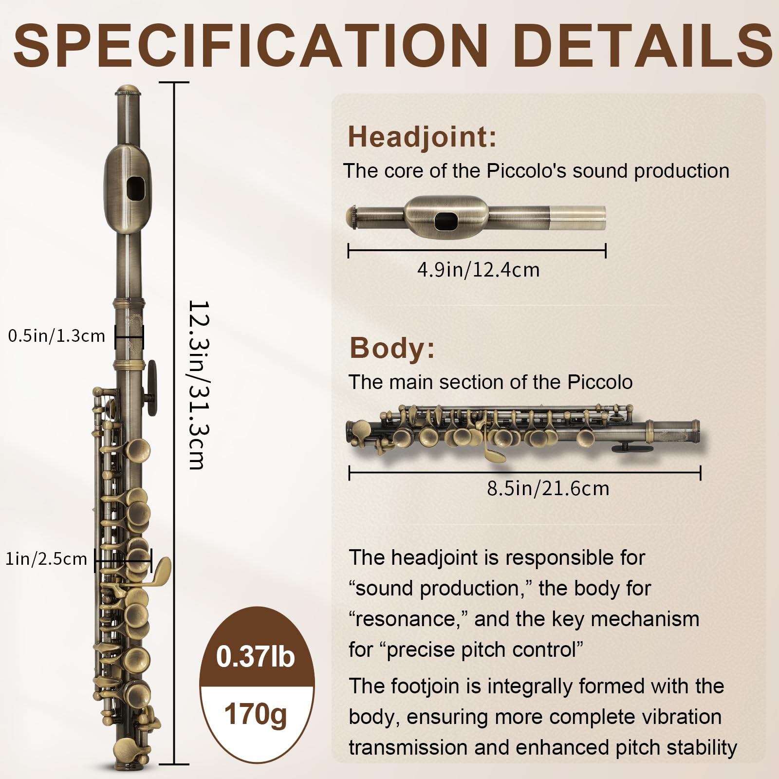 Kmise Foro Chiuso C Piccolo, Corpo Professionale Nichel Argento con Finitura Bronzo, Include Gig Bag, Manuale e Kit di Pulizia per Principianti e Bande scolastiche (Bronzo)