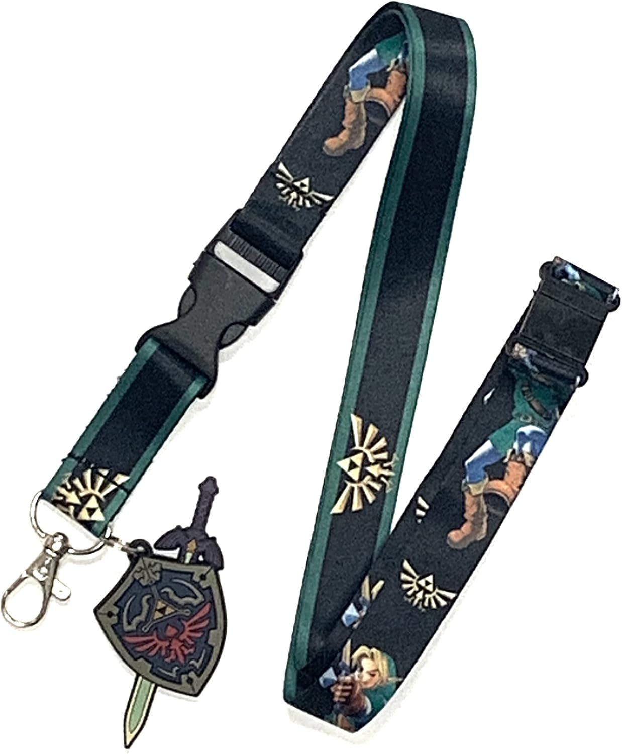 The Legend of Zelda Link Double Sided Lanyard with ID Badge Holder & Charm - Link's Skyward Shield and Master Sword