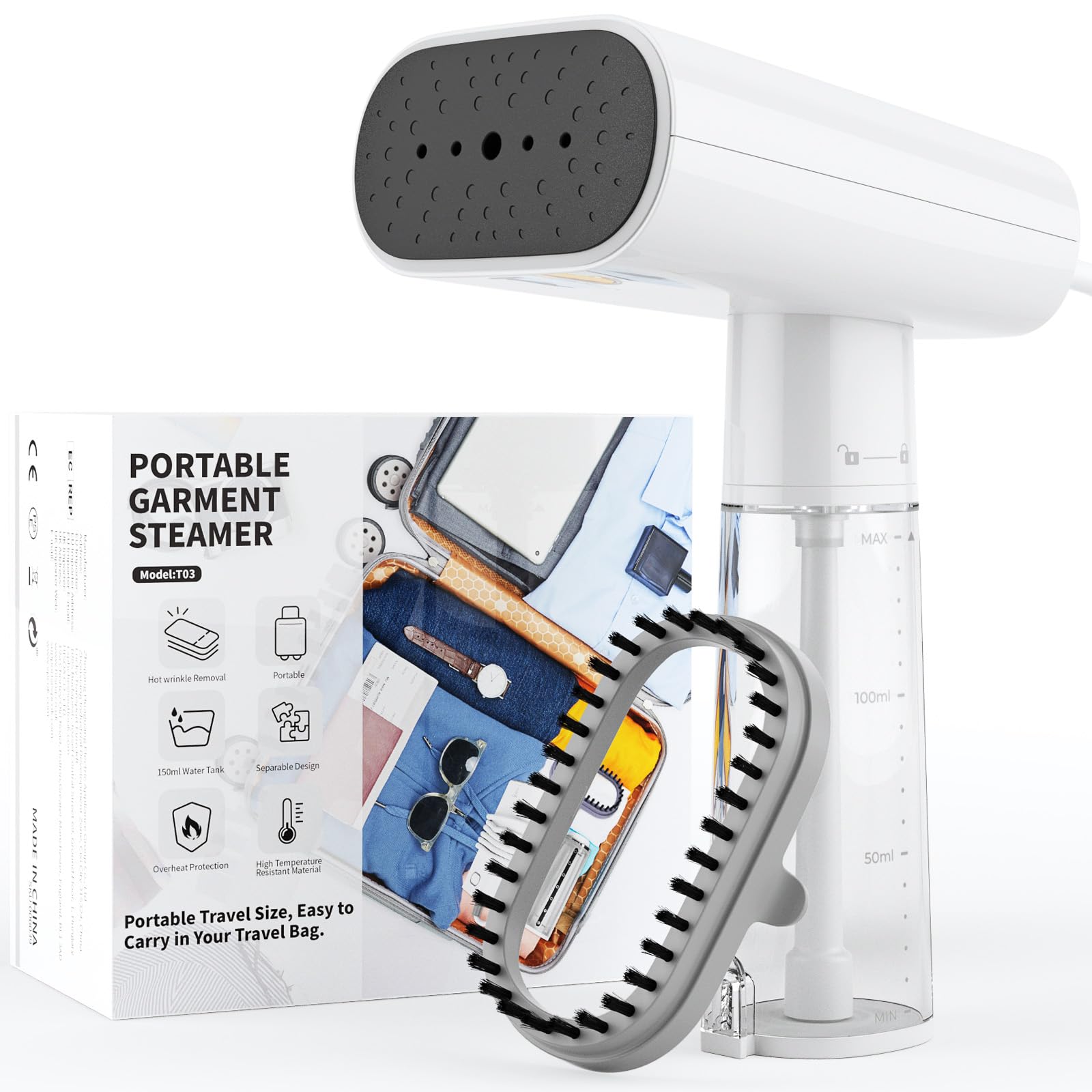 Stiratore Verticale 1000W, Ferro da Stiro da Viaggio con 150ml di Serbatoio d'acqua Piccolo e Leggero, Stira Camicie Rimuove Rapidamente le Pieghe, 1,8M di Cavo, per Casa e Viaggi