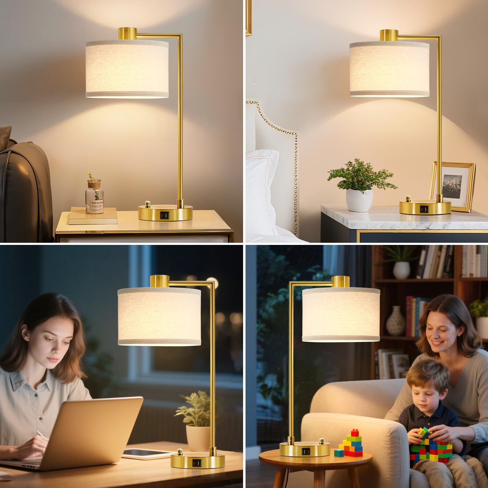 GyroVu Lámpara de mesa para dormitorio, puertos USB C+A, lámpara de mesilla grande, lámpara de mesilla regulable sin escalonamientos con pantalla de lino para salón, lectura y oficina (Dorado)