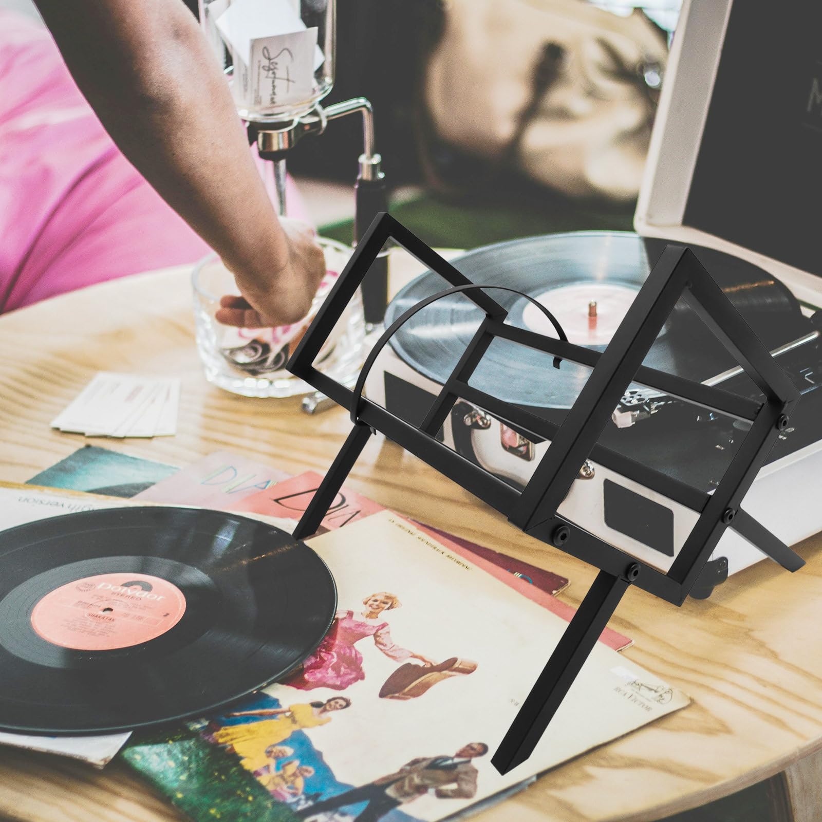 Porta Dischi in Vinile e CD in Ferro Nero Design Stabile e Organizzazione da Scrivania, Espositore Moderno Semplice per Album e Raccolte Musicali