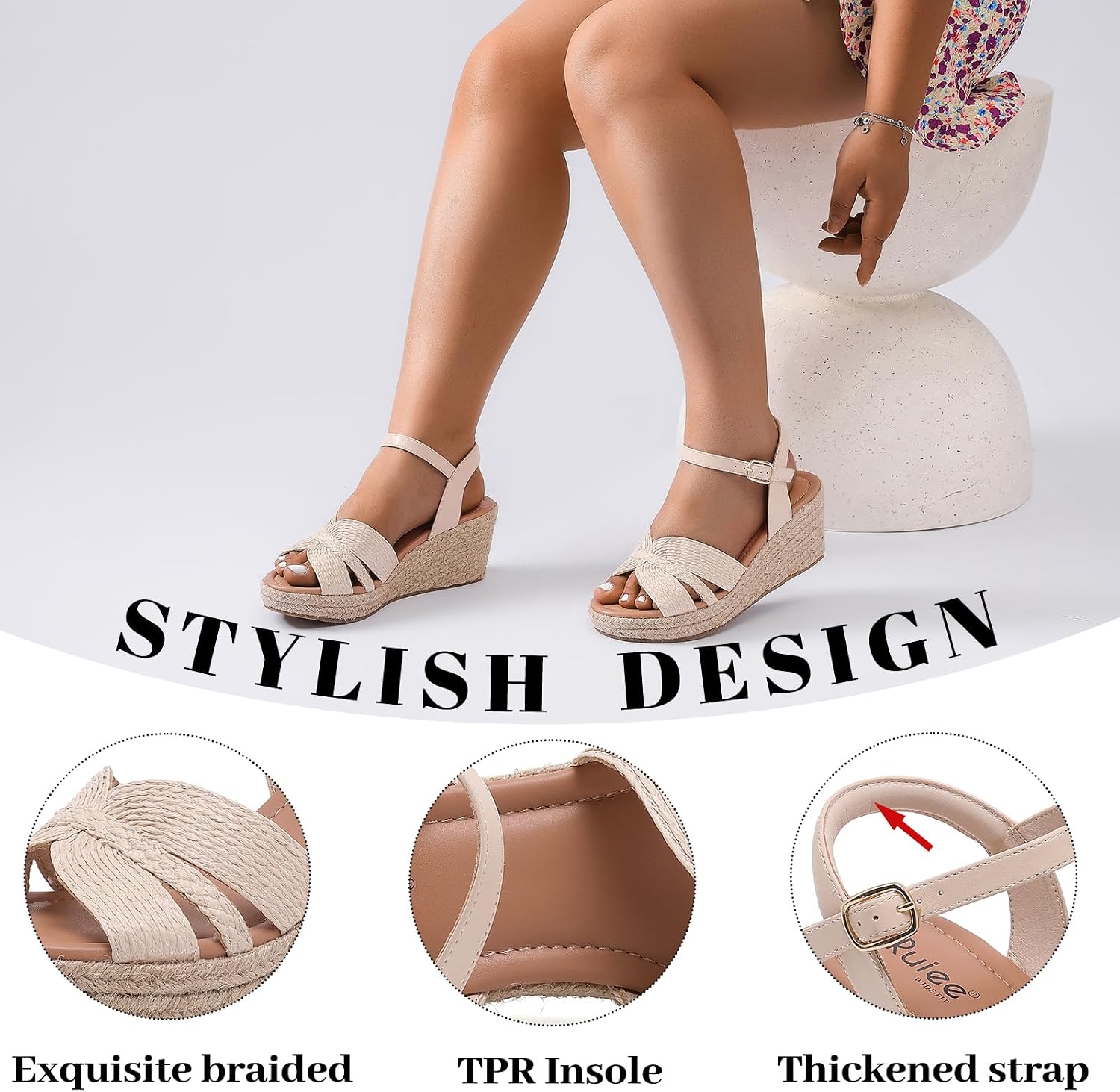 Ruiee Wide Width Wedge Sandals for Women, Ankle Strap Cute Bowknot Open Toe Summer Shoes Platform Espadrille Wedge Dressy Women Sandals.