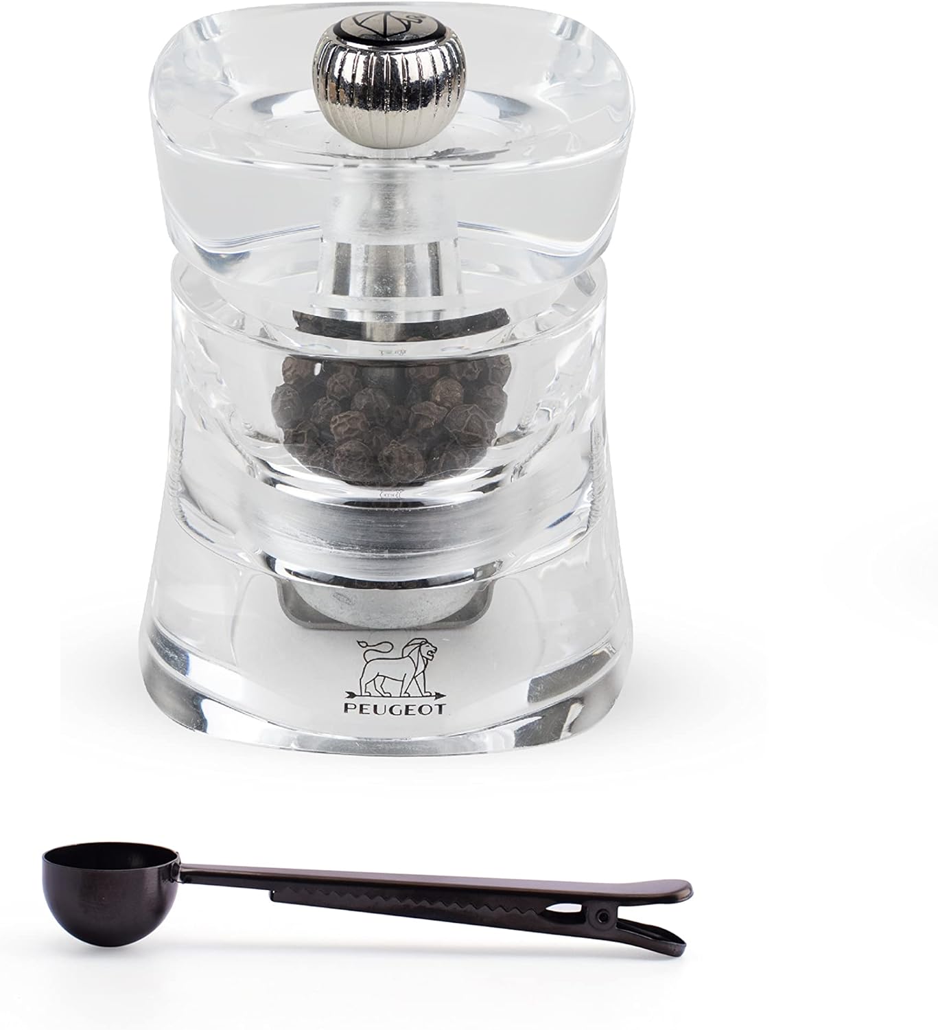 Peugeot Baltic Pepper Mill Gift Set, Acrylic 3 Inch - With Stainless Steel Spice Scoop/Bag Clip