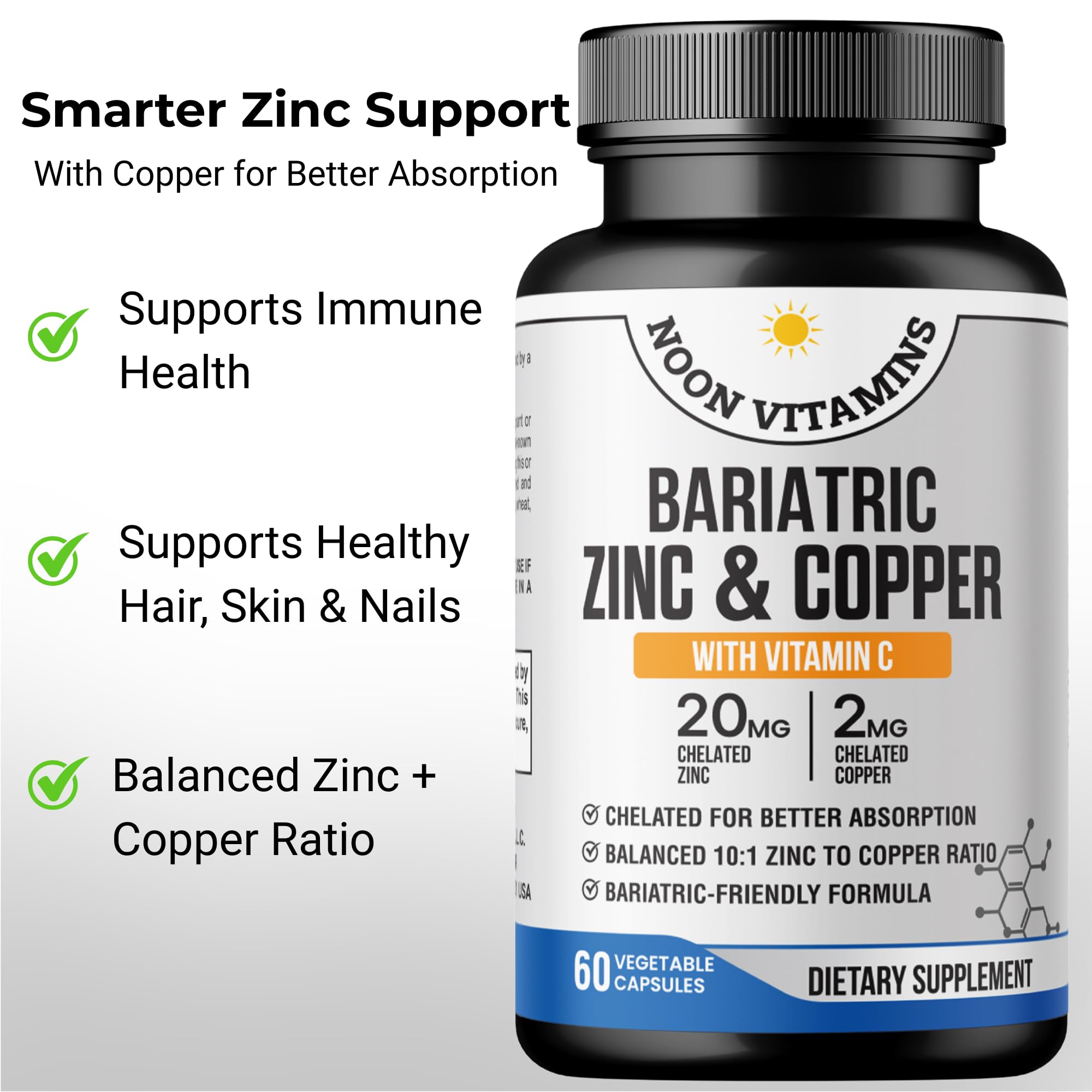 Bariatric Zinc 20mg with Copper 2mg (10:1 Ratio) + Vitamin C – Balanced Bariatric Formula – TRAACS Chelated Zinc Glycinate – Gentle on Stomach – 60 Capsules – Men & Women – Halal — Amazon image 4