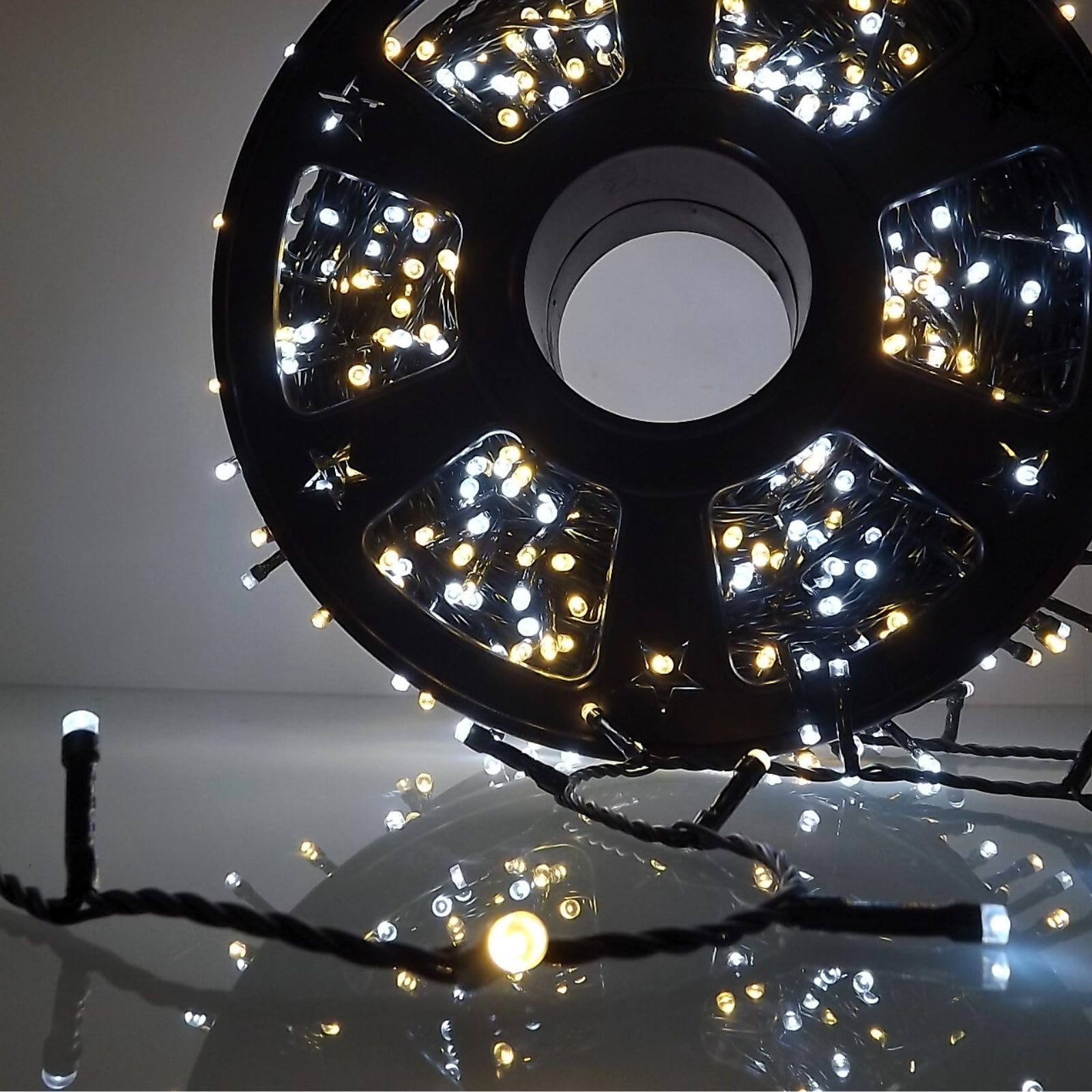 Luccika - Cadena de luces LED todo Flash, cable verde de 4 m, IP44 interior/exterior, 31 V con temporizador, luces decorativas de Navidad para jardín y fiestas (blanco hielo + blanco cálido, 50 m 1000