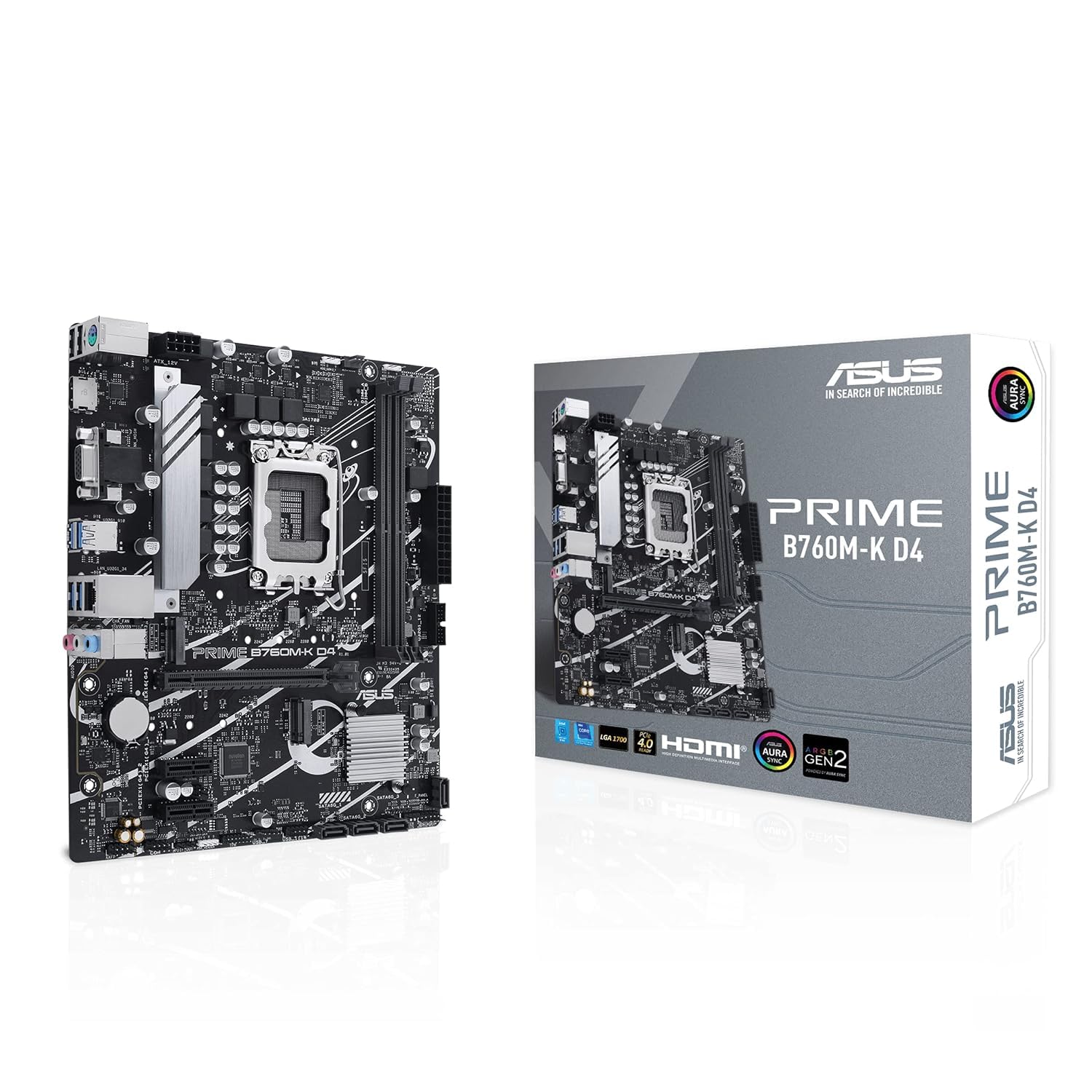 Prime B760M-K, Intel B760 LGA 1700 mATX motherboard with PCIe 4.0, two PCIe 4.0 M.2 slots, DDR5, Realtek 2.5Gb Ethernet, VGA, HDMI, SATA 6 Gbps, Front USB 3.2 Gen 1, Aura Sync - Black