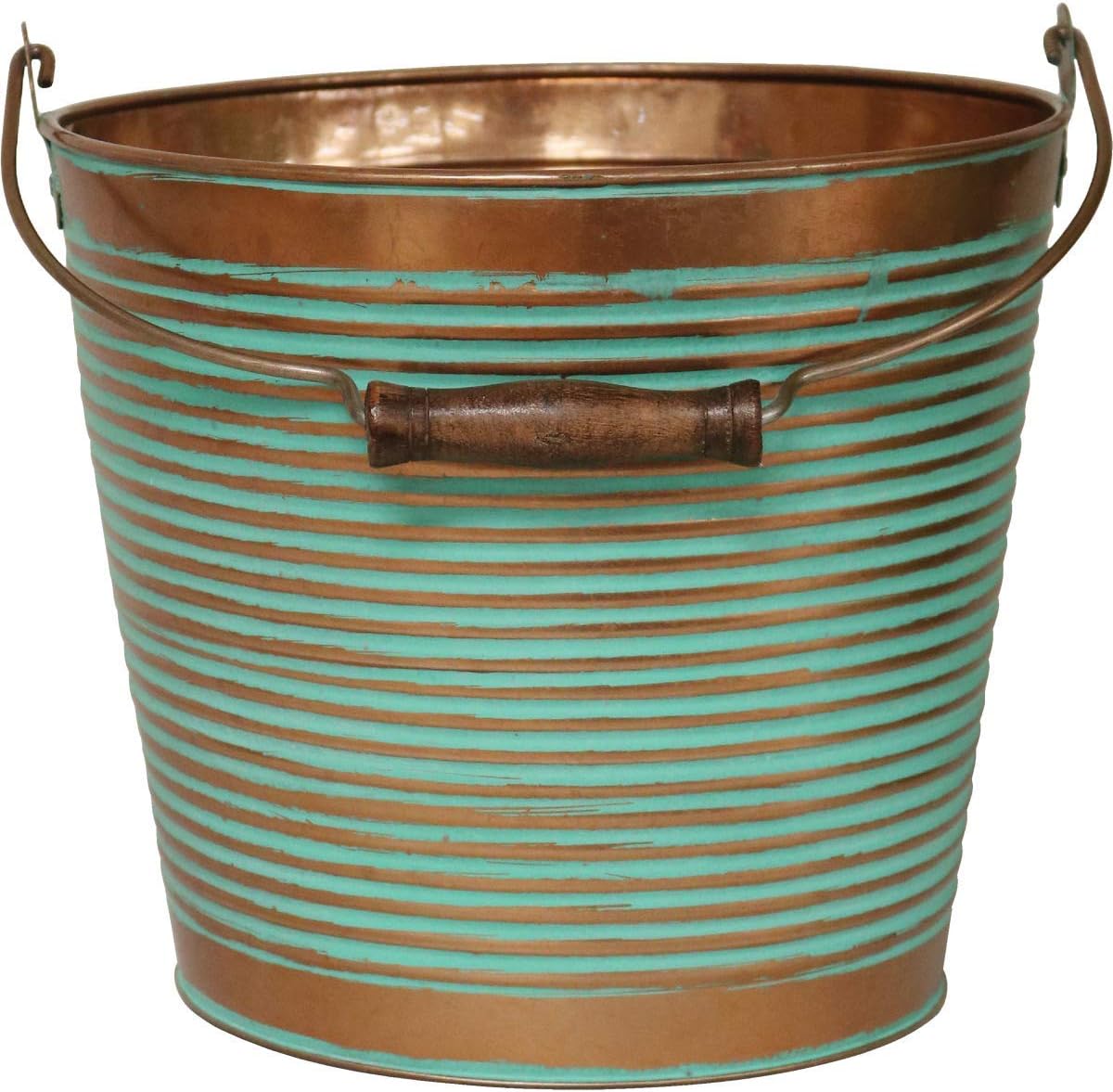 Robert Allen Mpt01760 Ribbed Metal Planter With Handle, 10", Vintage Copper