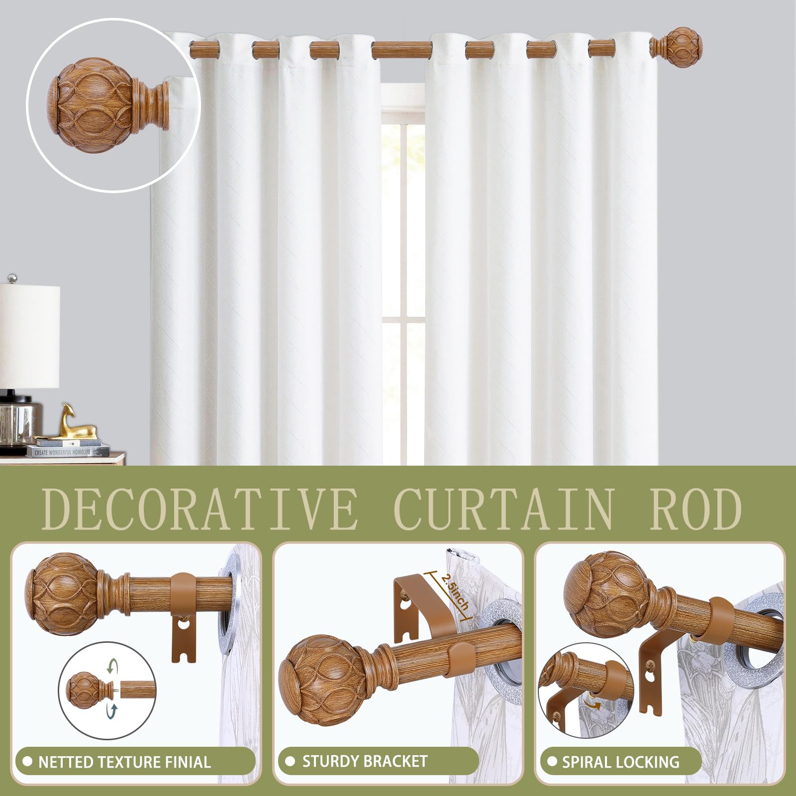 TANGWIN Adjustable Window Curtain Rods 28-48 Inch with 1 Inch Diameter Wood Effect Textured Net Finials Single Curtain Rods 18-45 Inch Brown Wood - Image 2