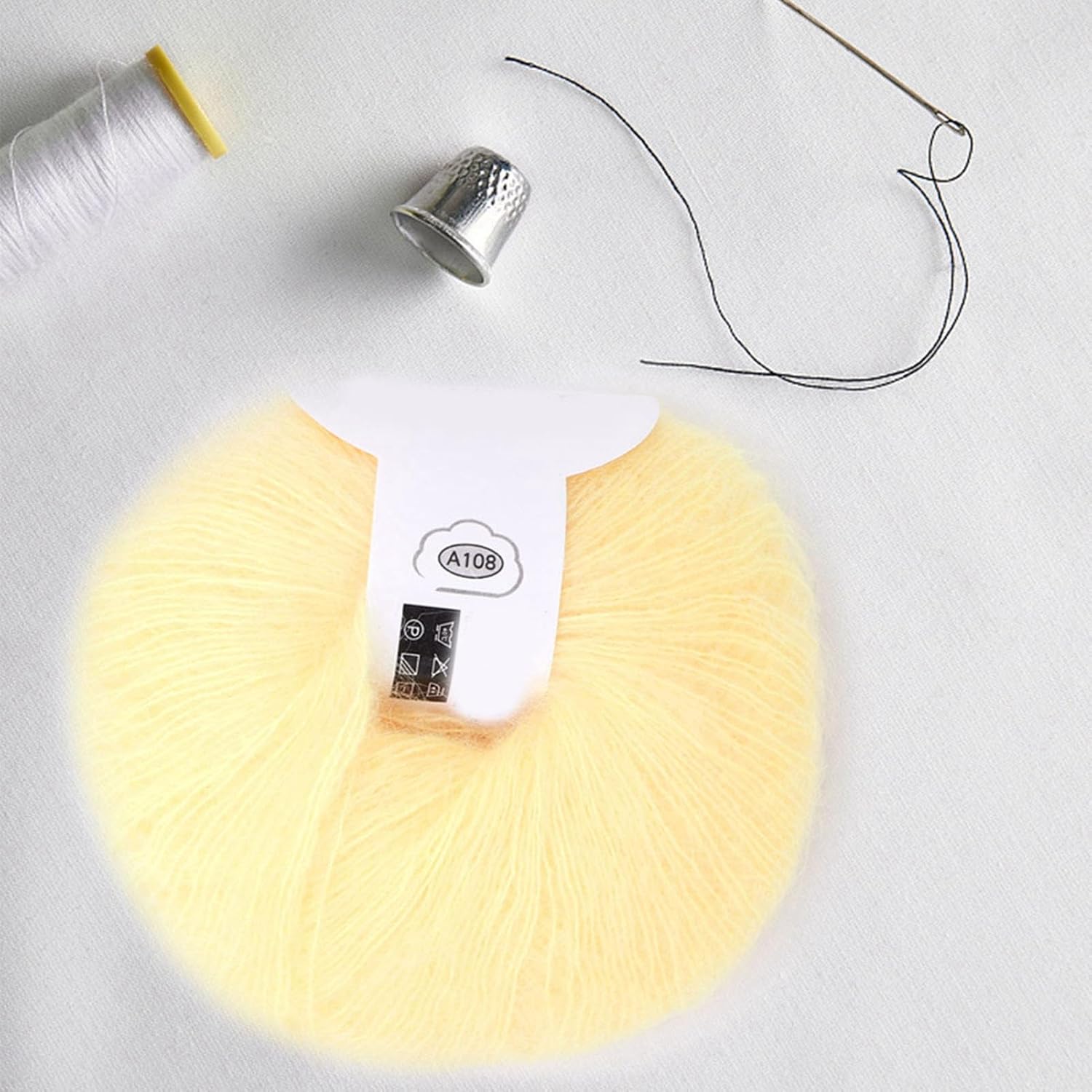 Wool Yarn, Multi Color Soft Mohair Fiber Long Angora Wool Hand Knitting Yarn Roving Per Thread Weight 26g for Weave Scarves (Light Yellow)