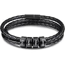 INBLUE Mens Leather Braided Bracelets with 2-6 Custom Name Beads Engraved Customized Gifts for Men Women Rope Bracelet Boyfriend Gifts Mens Jewelry