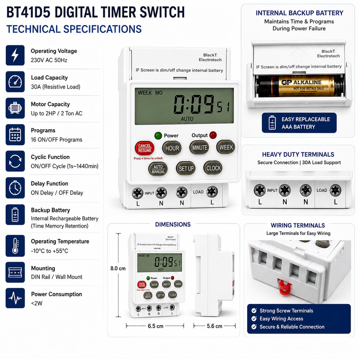 BlackT Electrotech BT41D5 Digital Timer Switch 30A, 230V | Programmable Timer with 24 ON/Off Programs, Cyclic & Manual Start/Stop Delay | for Geyser, Water Pump, Lights, & Motors — Amazon image 3