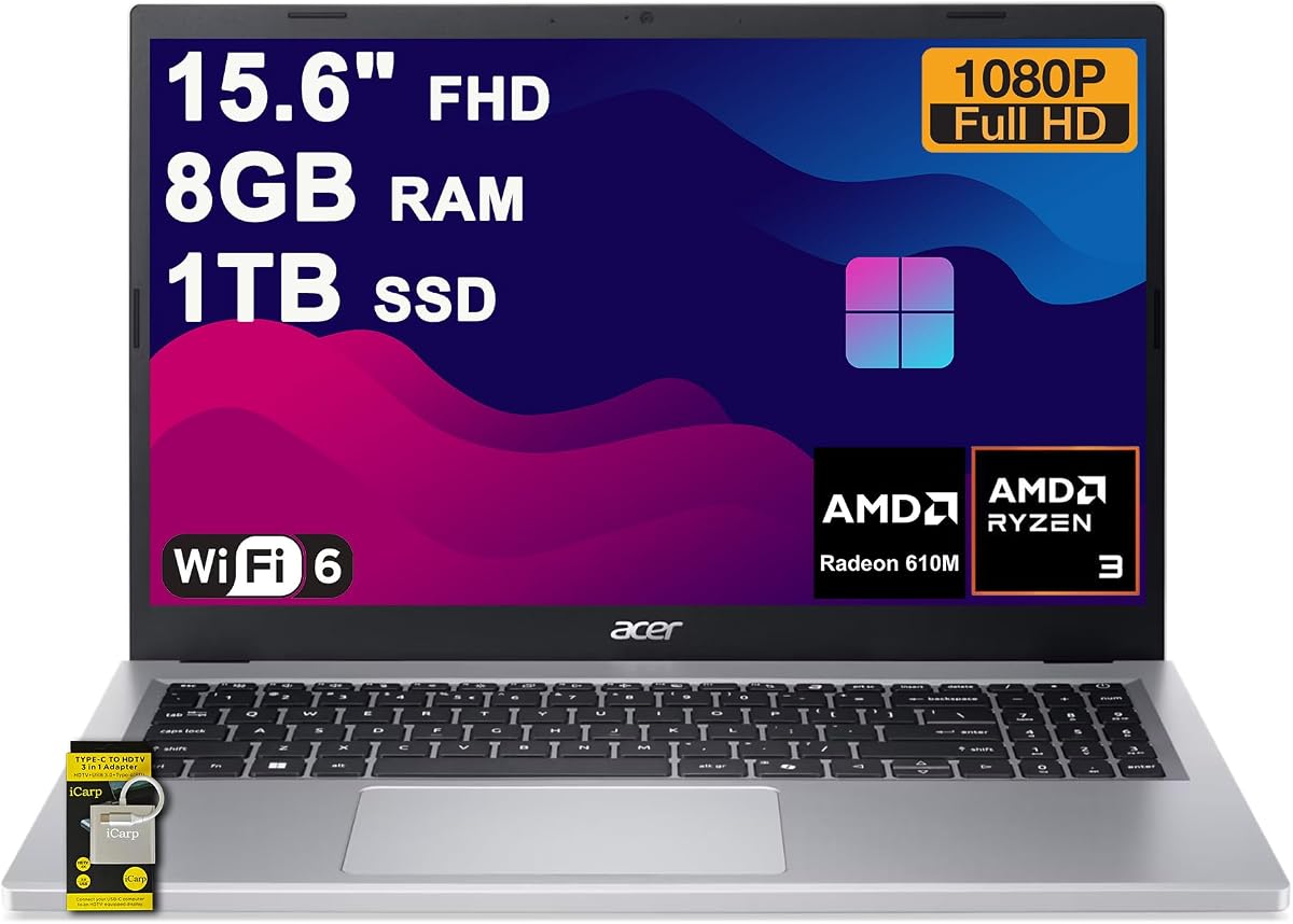 Laptop empresarial Acer Aspire Go 15 15.6" FHD ComfyView AMD Quad-core Ryzen 3 7320U 8GB RAM 1TB SSD Type-c Wi-Fi6 Batería de larga duración Win11 ICP Hub