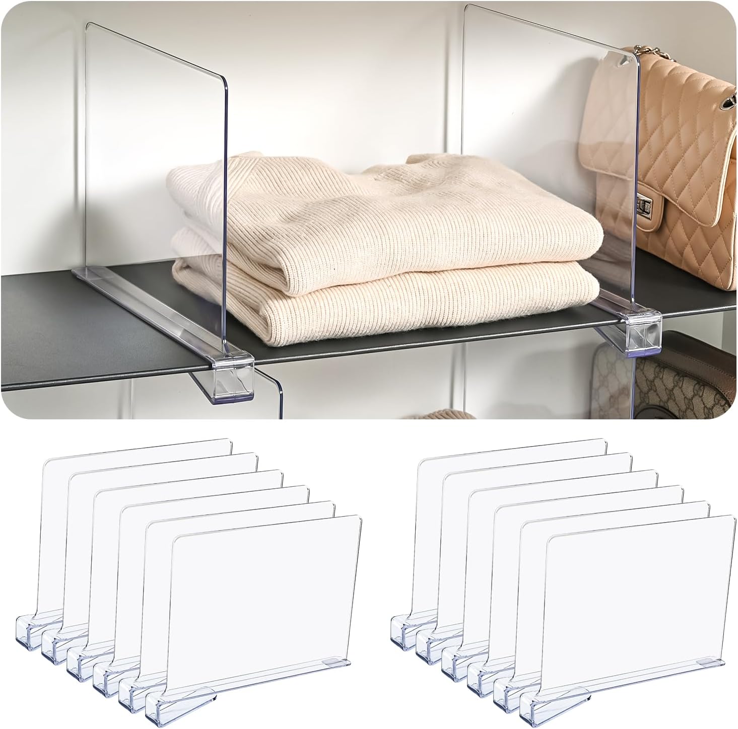 Shelf Dividers for Closet Organization,Clear Plastic Closet Shelf Dividers,Upgrade Height for Vertical Space,Shelf Organizer for Bags,Jeans, Shirts (8" Tall x 11" Deep-12pcs)