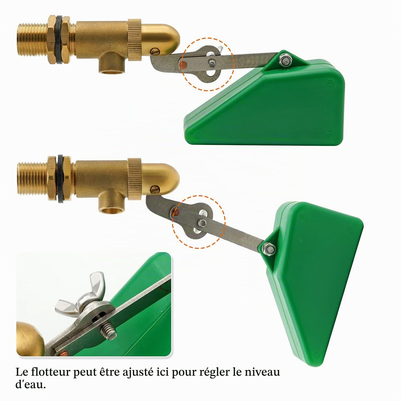 Robinet Flotteur 1/2" en Laiton Massif Antirouille à Bras Ajustable, Vanne Flotteur à Bille Automatique pour Réservoir, Abreuvoir Bétail, Étang, Aquarium, Aquaculture, Hydroponie, Lot de 2