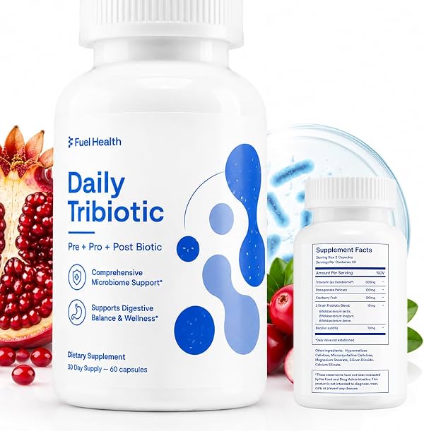 APATHY Fuel Health Tribiótico Diario, FuelHealth Pre+pro+postbiótico, Suplemento Diario de Bienestar, con Pericarpio de Granada, Fruta de Arándano y Bacillus Subtilis Cápsula 1 Count (Pack de 60)