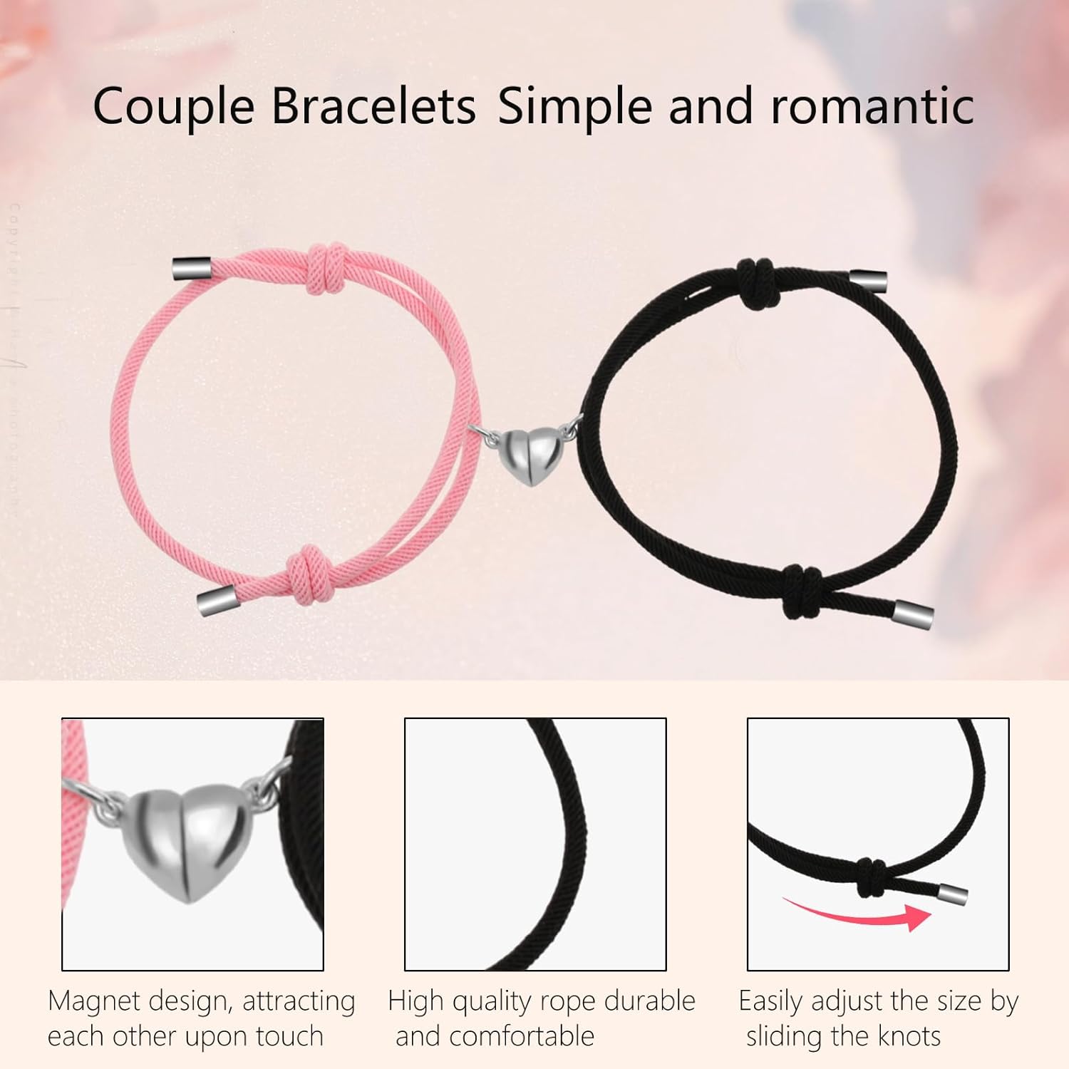 Couples Bracelets for Women Men Matching Heart Bracelets for Couples 2PCS Matching Love Bracelets for Him and Her Bracelets Matching Couple Valentines Gift for Boyfriend Girlfriend - Image 4