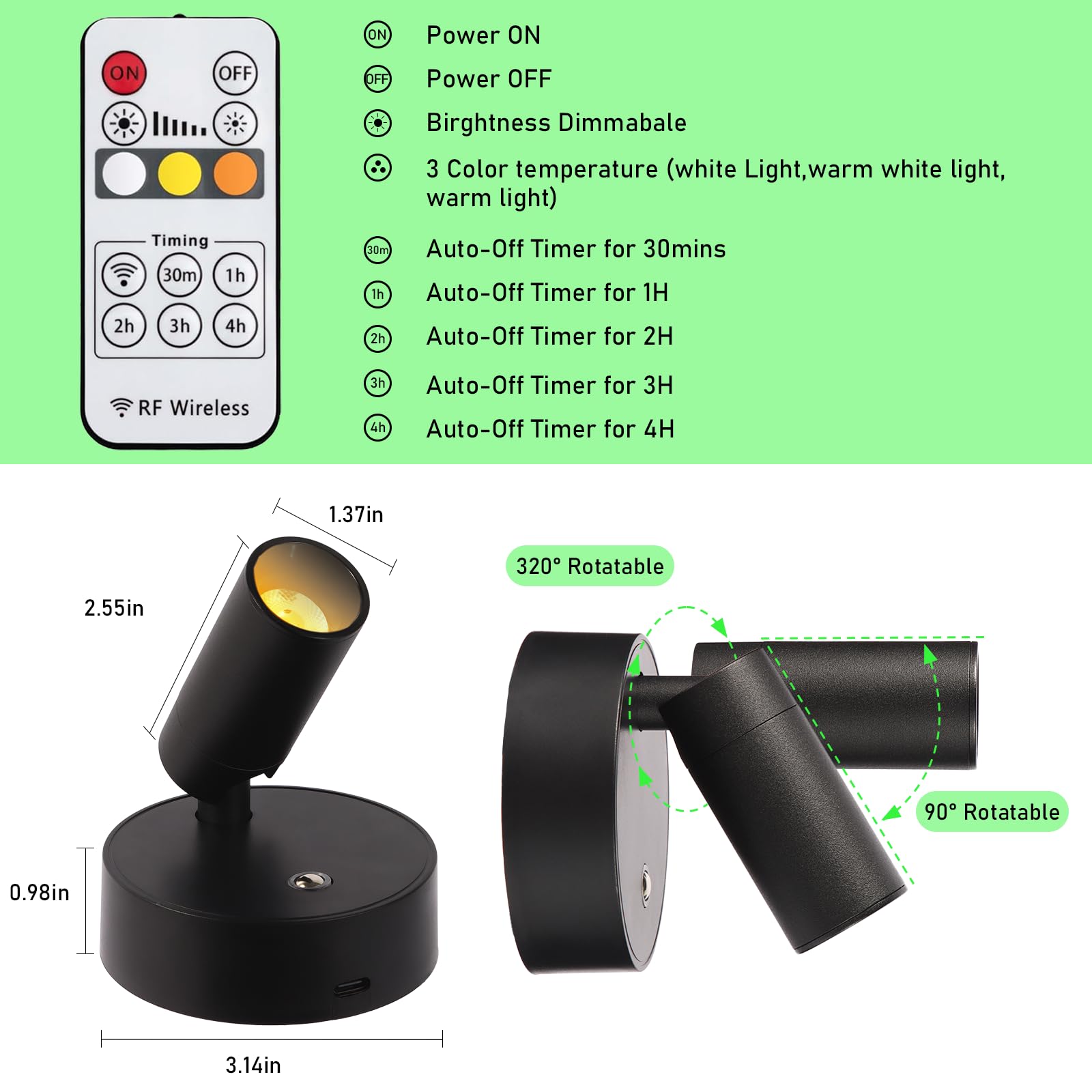 Foco LED Inalámbrico, Recargable Iluminación de Suelo Interior, luz de Imagen con Batería con Temporizador Remoto y Acento Regulable, luz de Pared para Plantas Imágenes, Obras de Arte,2 Paquetes