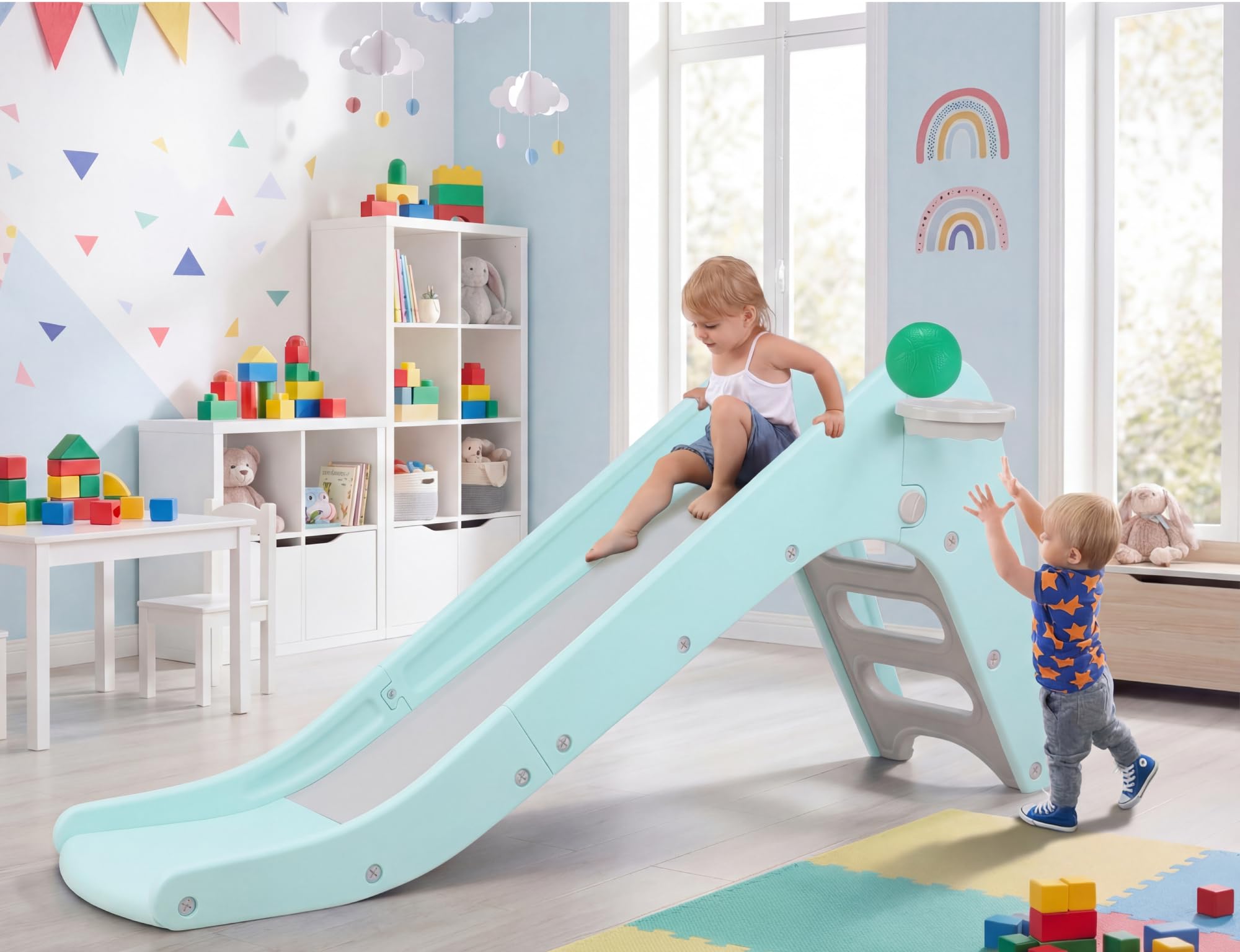 MAMIZO Freestanding Toddler Slide, 2 in 1 Large Ladder and Extend Slope Slide, with Basketball Hoop & Ball, Indoor/Outdoor Garden Play Equipment for 3 Years+ (Robin Egg Blue)