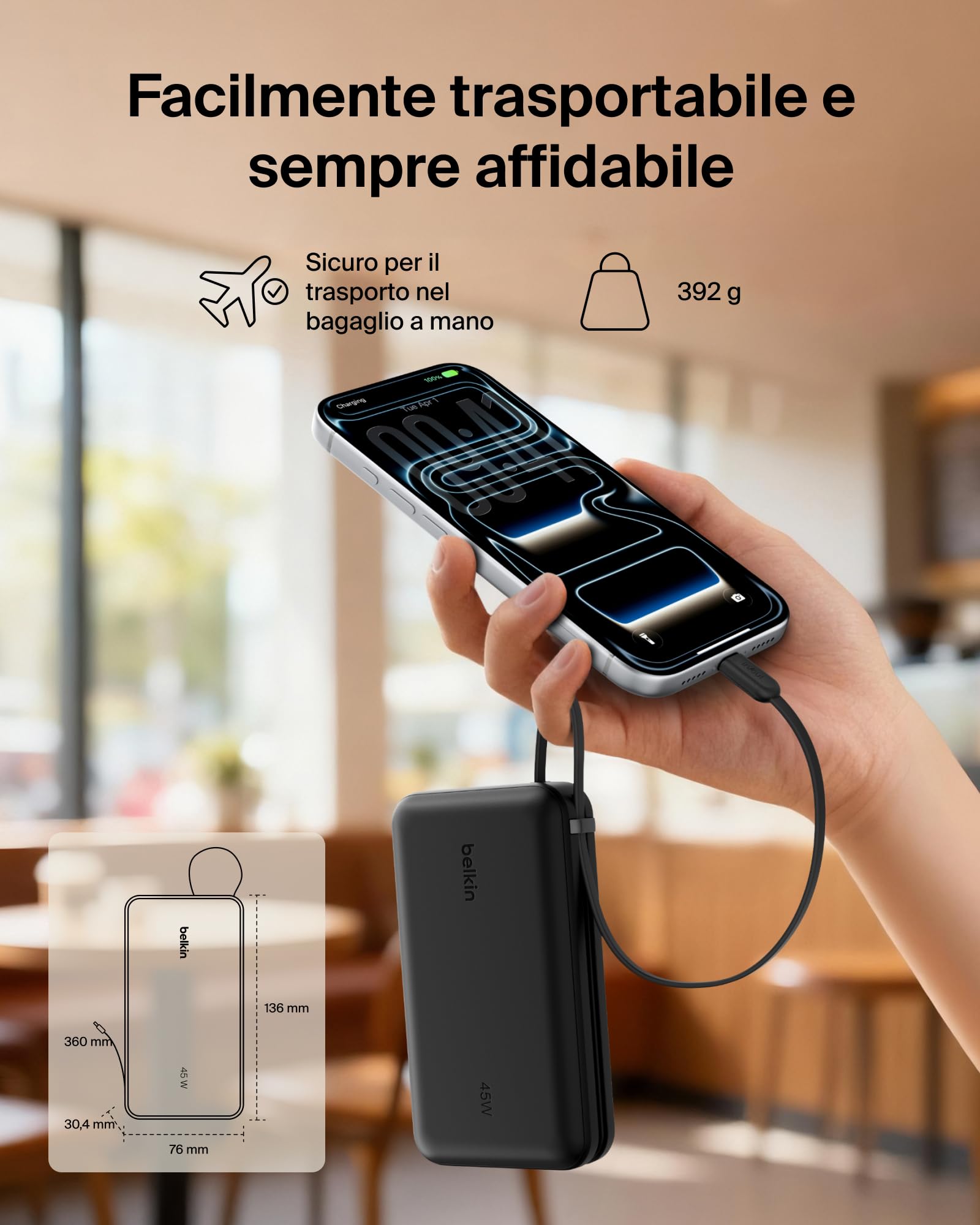 Belkin UltraCharge Power Bank 20000mAh con Cavo USB-C e Display - Nero | Caricatore Portatile 20000mAh, Ricarica 3 dispositivi (1 USB-C, Cavo USB-C Integrato, 1 USB-A), 45W, Pre-Caricato, Display