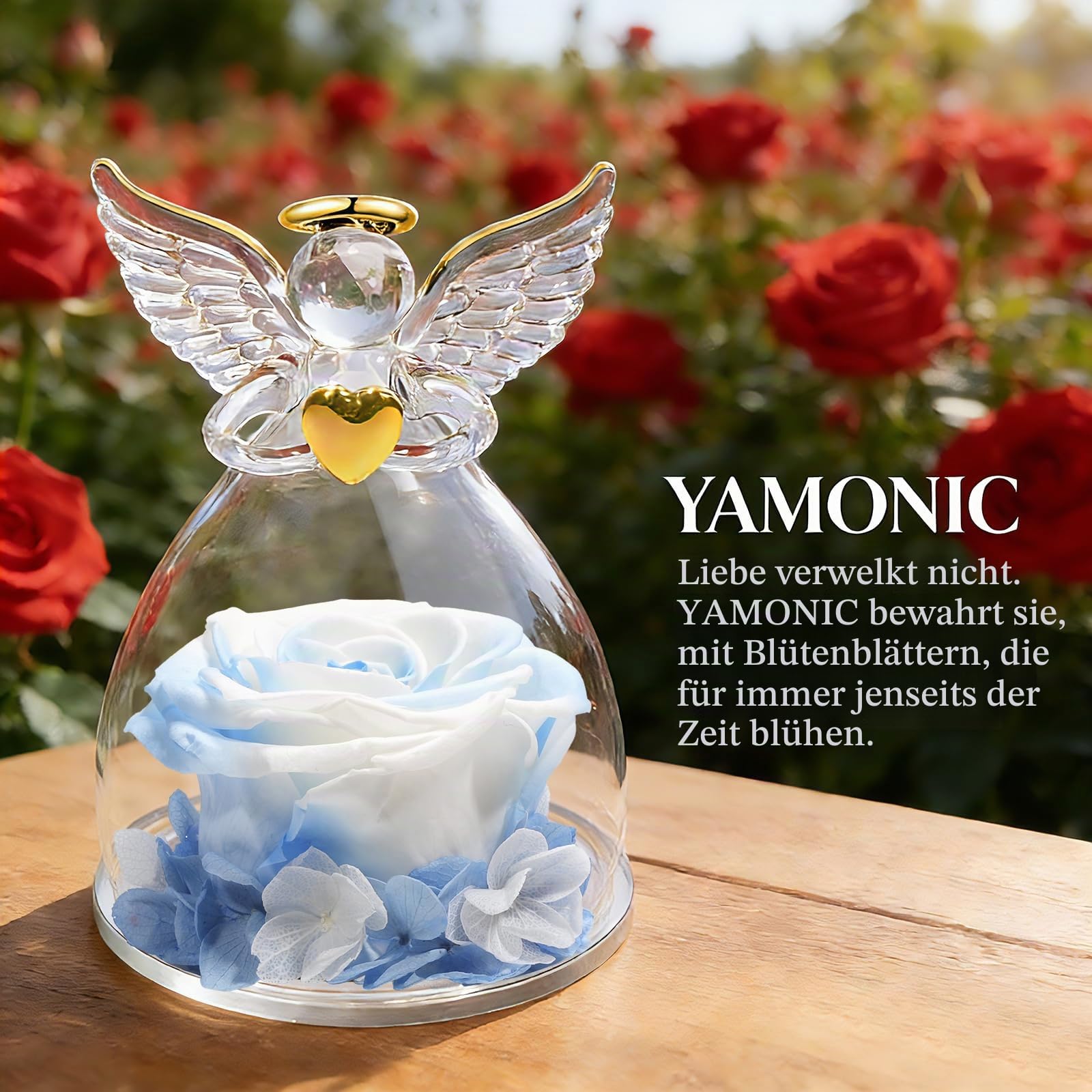 Yamonic Ewige Rose Engel Geschenke für Frauen, Ewige Rose im Glas Geschenke für Mama,Engel Figur Geburtstagsgeschenke für Frauen,Oma Geschenk,Echte Rose Schutzengel Weihnachten Muttertagsgeschenk