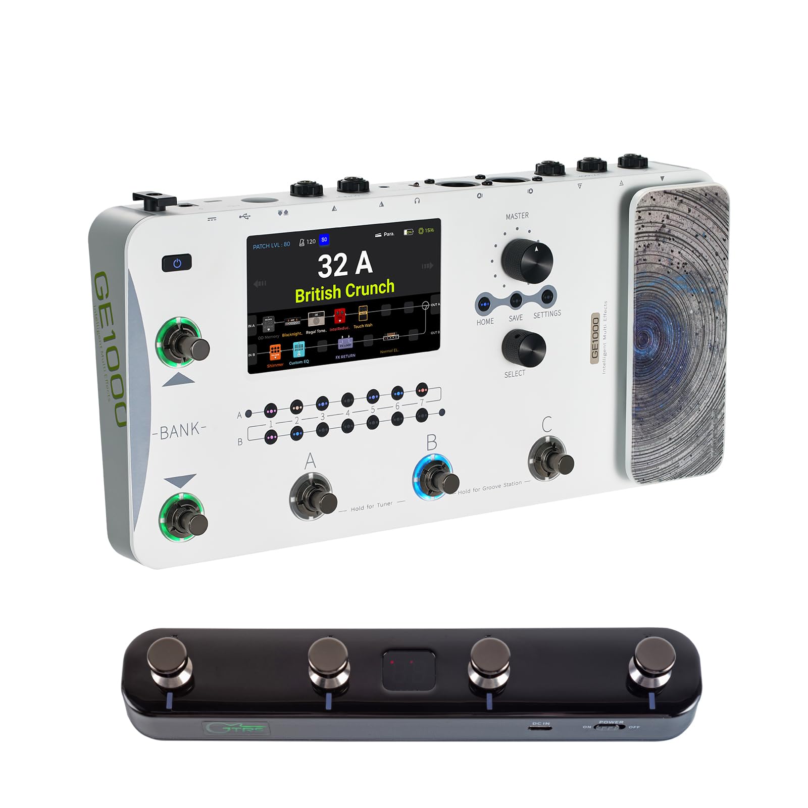 MOOERGE1000 White Processional Guitar Processor Flexible I/O routing options MIDI IN and OUT, F4 Wireless Controller, Bluetooth Audio Playback, USB OTG Recording, USB MIDI Function