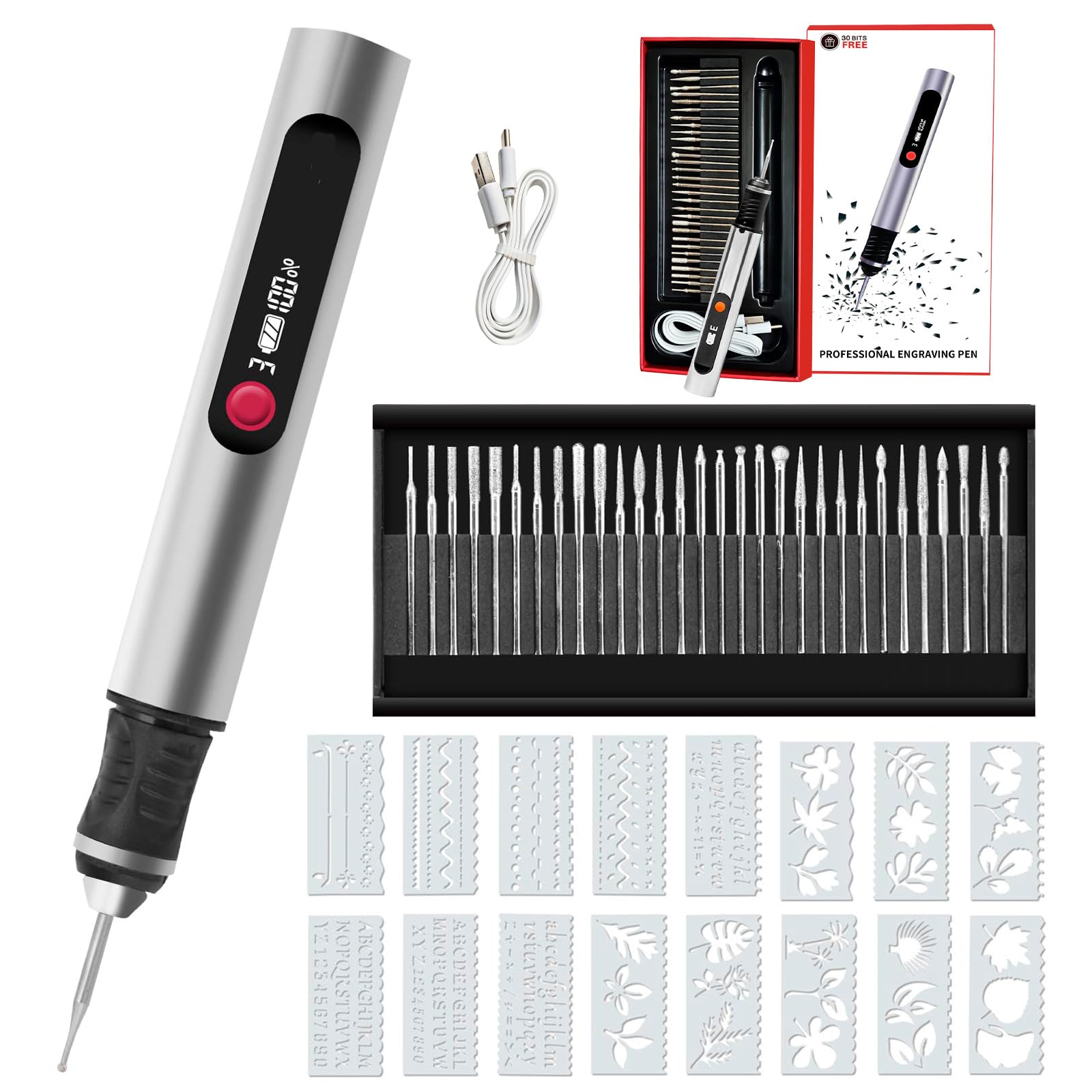 Creative Pen Gravurstift für DIY & Kunstprojekte, 30 Gravierköpfe, geeignet für 50+ Oberflächen, wiederaufladbar, ergonomisch und kabellos.