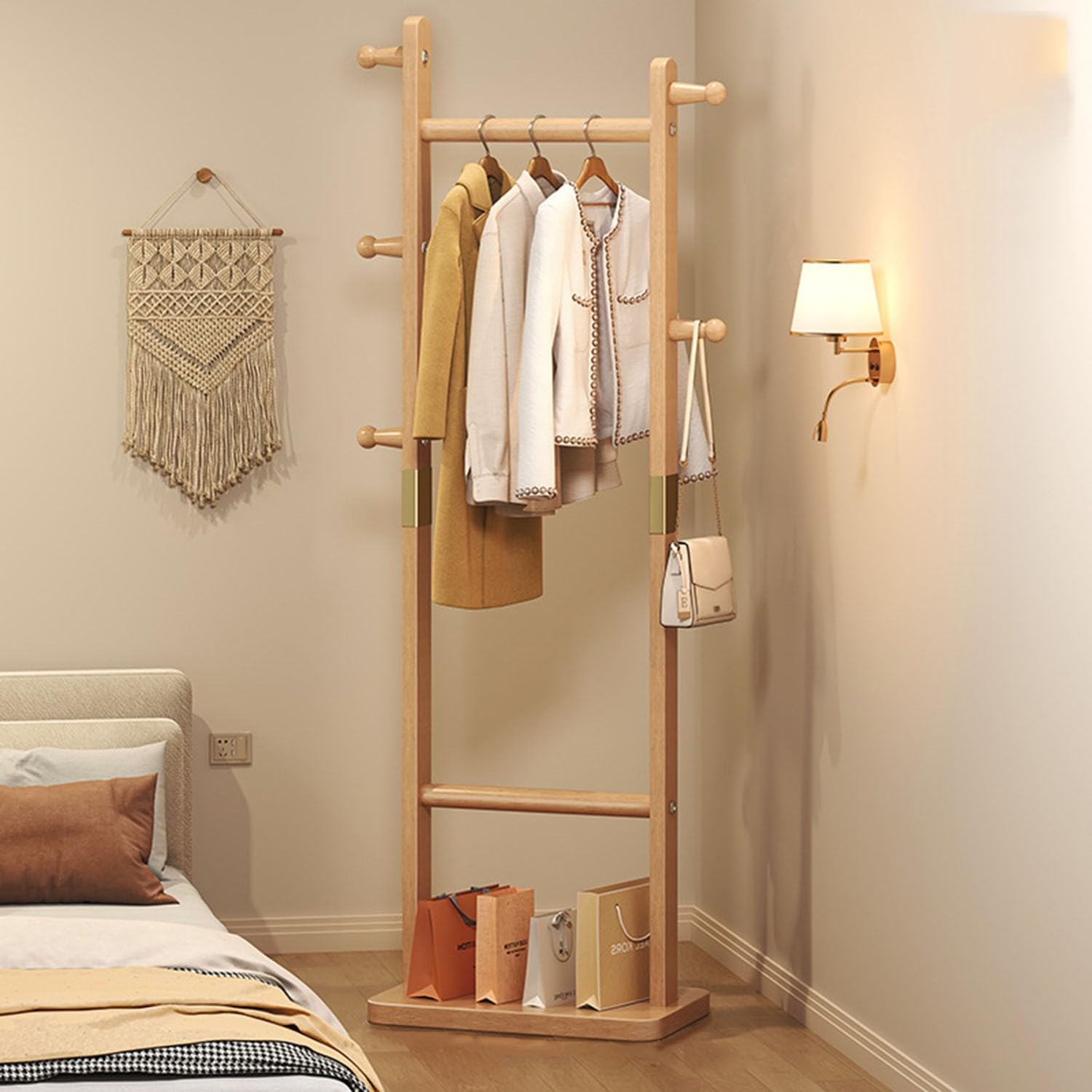Porte-vêtements de couloir en bois pour organiser chapeau sac et parapluie