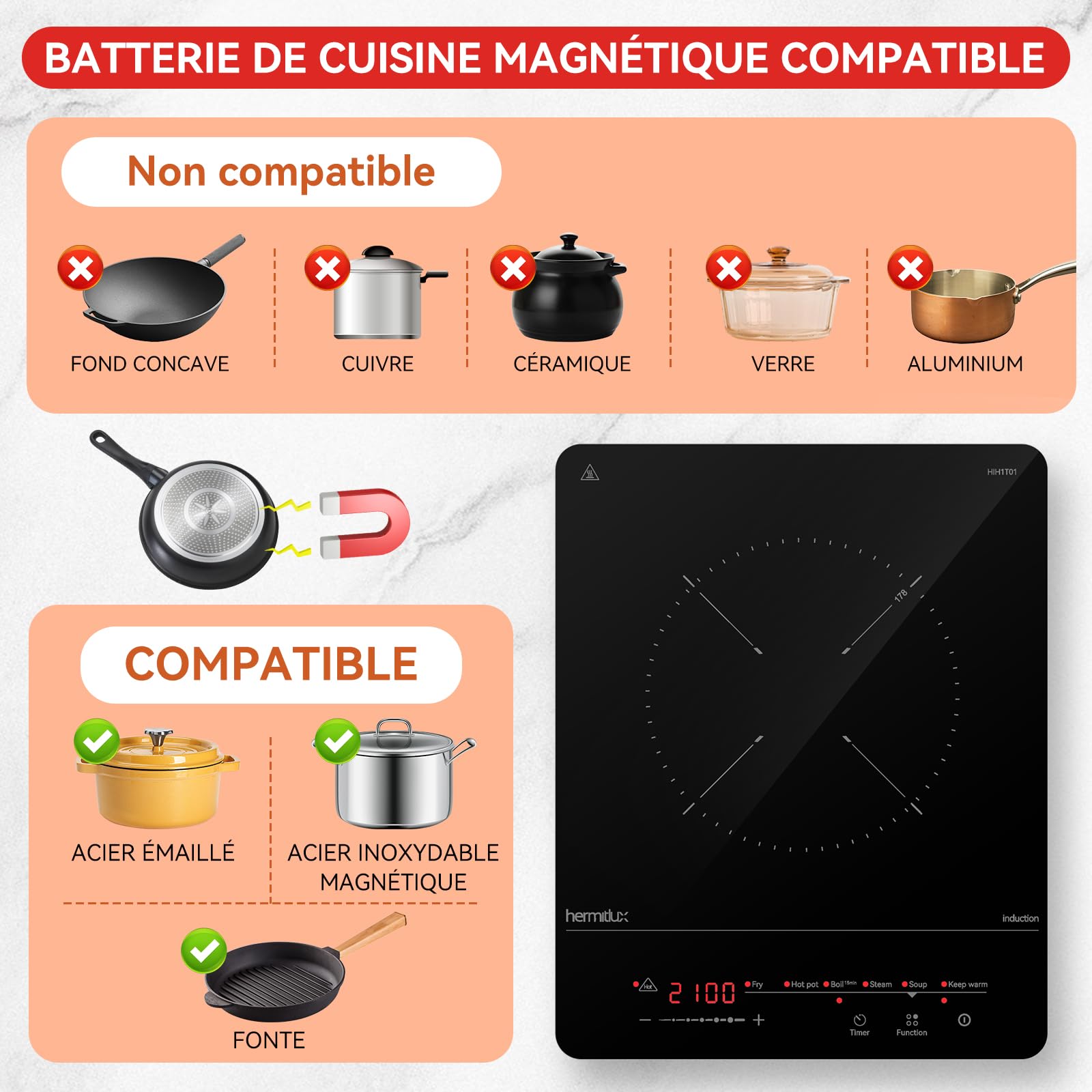 Hermitlux Plaque à Induction 1 Feu Portable 2100W 6 Programme 28CM Sécurité | 9 Puissances,Minuterie & Maintien au Chaud, Taille Compacte pour Cuisine, Bureau