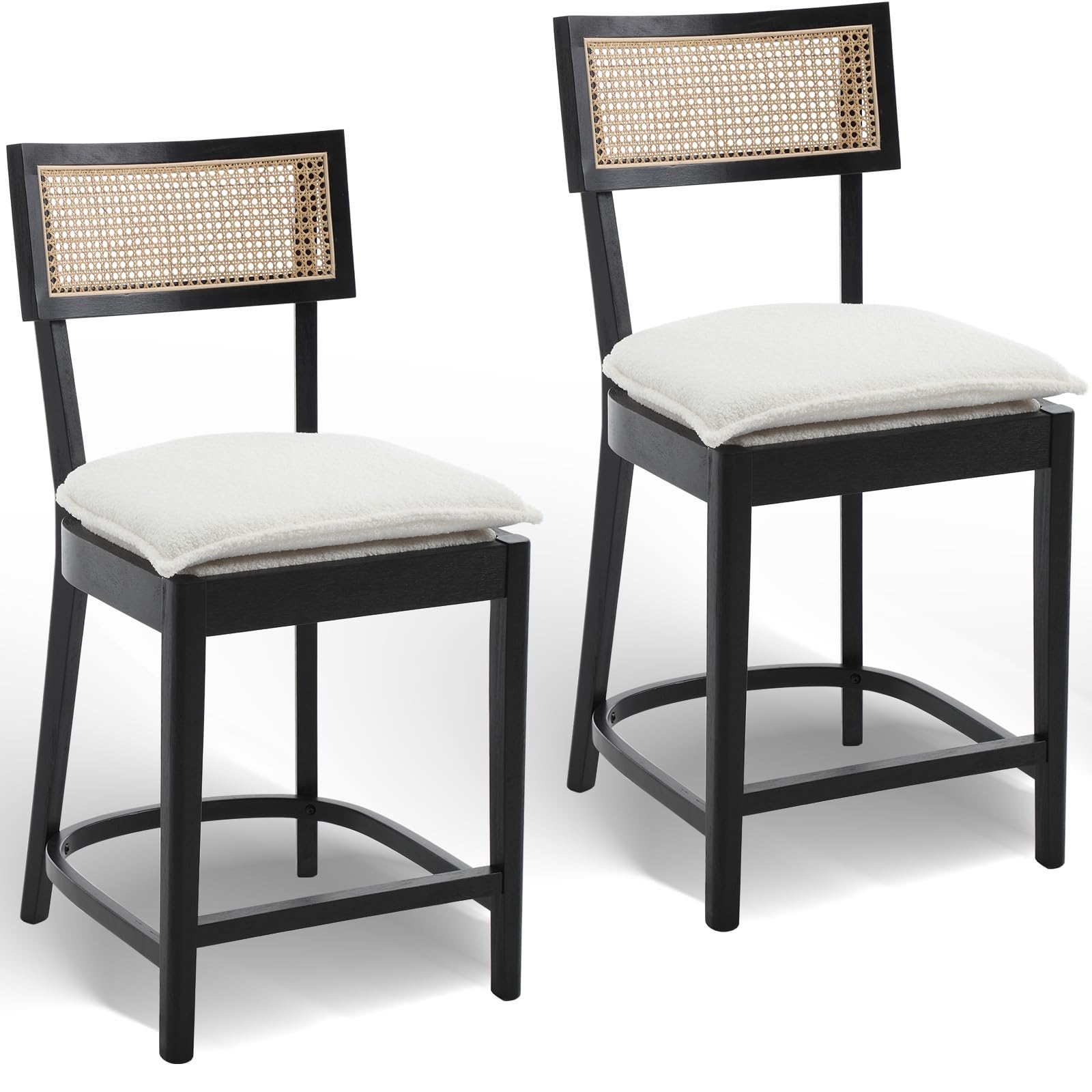 Guyou Black Rattan Counter Stools Set of 2, 26” Wooden Counter Height Bar Stool with Cane Back Mid Century Modern Armless Kitchen Island Chair with Footrest and Detachable Sherpa Cushion(White Sherpa)