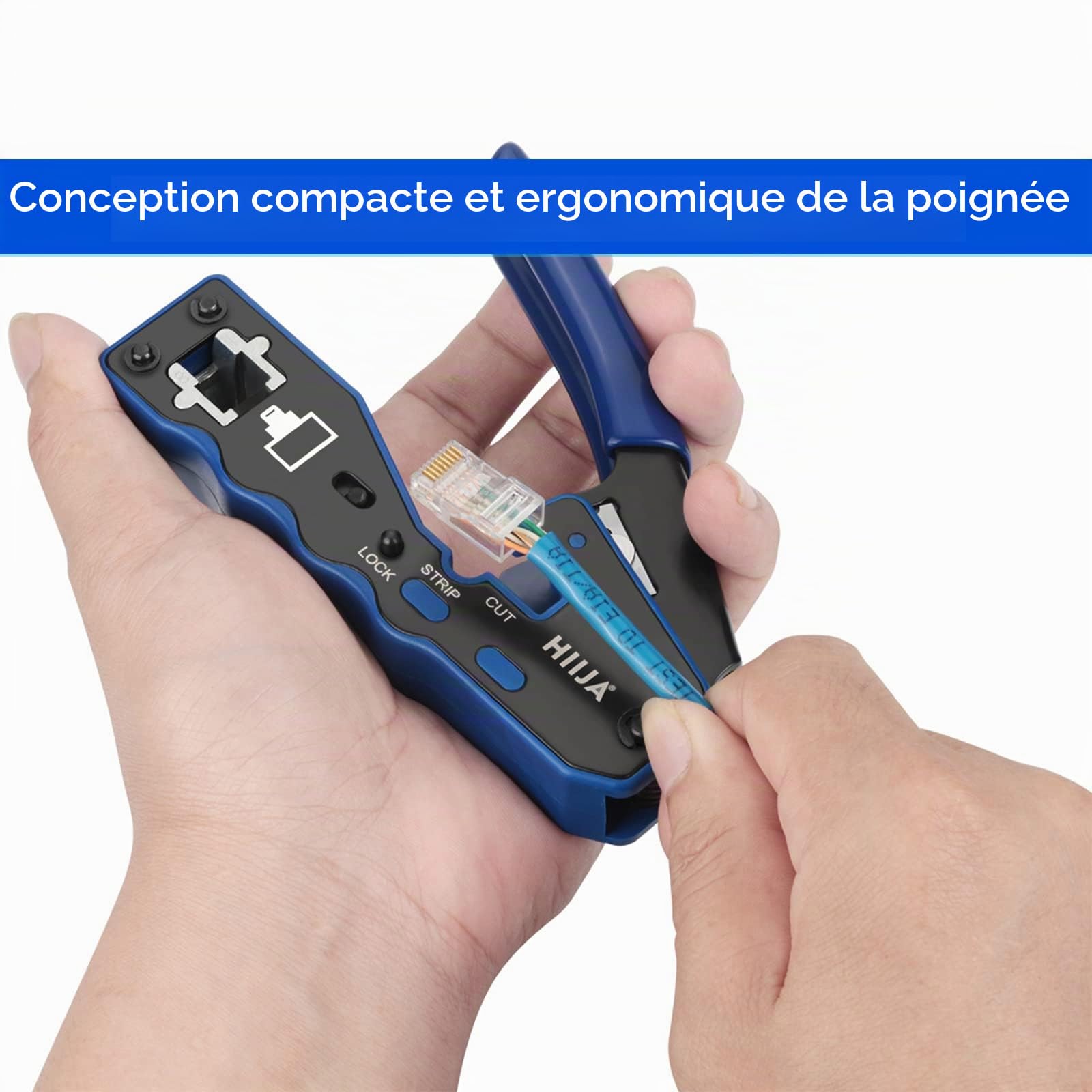 Kit Outils RJ45 – Pince à Sertir, Testeur de Câble Réseau, Pince à Dénuder et Coupe-Fil, 50 Connecteurs CAT6 et 50 Couvre-Bottes, Compatible Cat5/Cat5e/Cat6