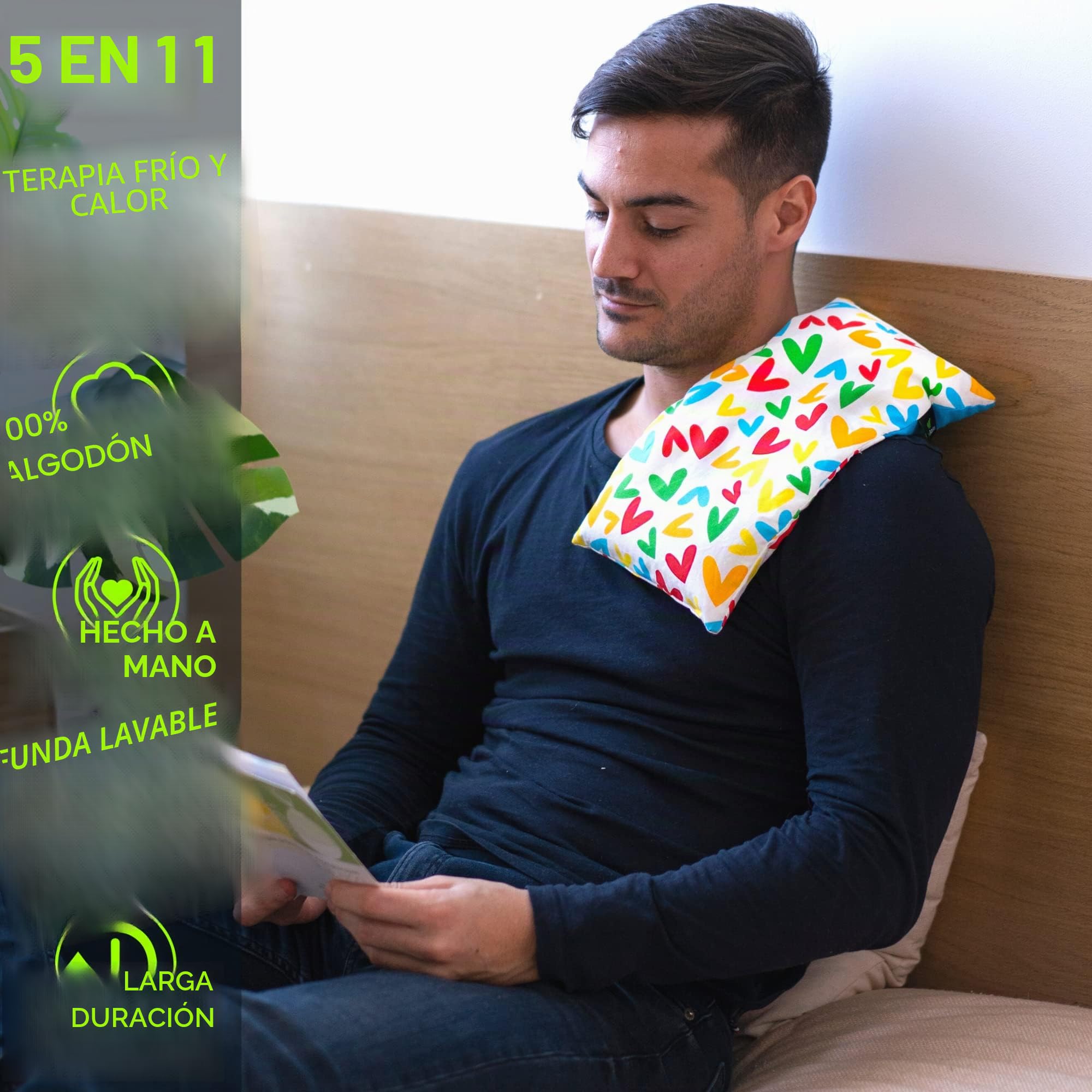 Saco Térmico Semillas Multiusos - Almohada para Calentar en Microondas (35x18 cm) - Bolsa de Calor - Cojín de Semillas con Funda Lavable, Tela de Algodón 100% y Olor a Lavanda (Corazones)
