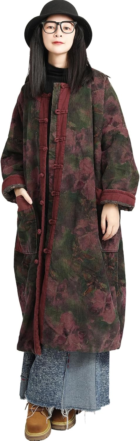 LZJN Women's Corduroy Quilted Trench Coat Long Sleeve Floral Printed Jacket Loose Winter Outwear