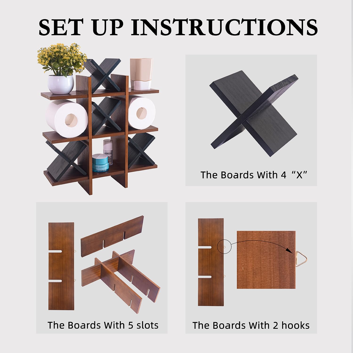 DAOYOUSKY Tic Tac Toe - Soporte de papel higiénico con 4 piezas de madera X, rústico montado en la pared, organizador de almacenamiento de papel higiénico con estante, decoración de baño de invitados,