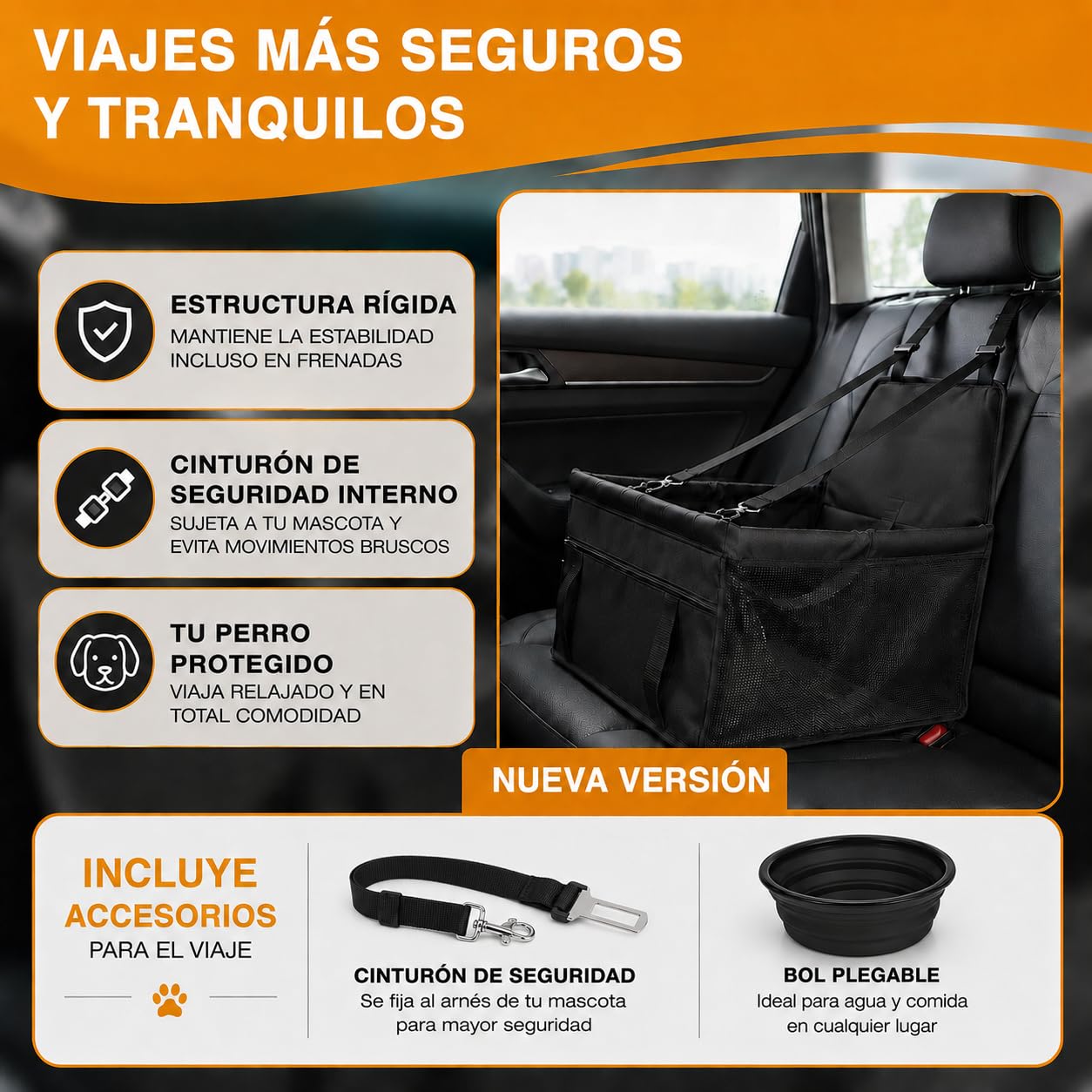 Transportin Perros y Gatos de Coche | Base Rígida y Tejido Impermeable con Correas Ajustables |Viajes Comodos y Tranquilos | Incluye Cinturón de Seguridad y Bol de Viaje Plegable | 40x40x32 cm.