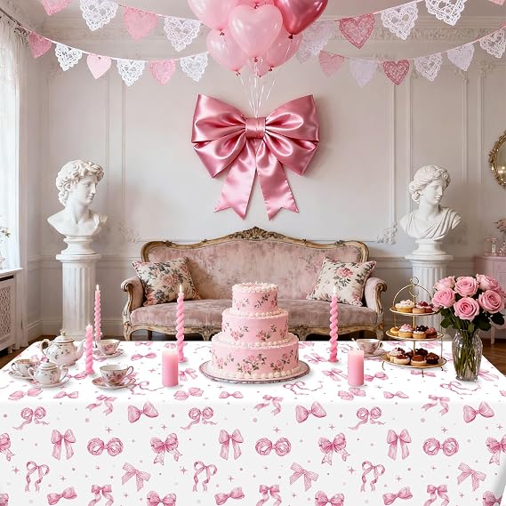 Bow Tablecloth - 4 Pieces White and Pink Bow Birthday Decorations for Flirty Birthday Decorations Baby Shower Girls Women Hen Party 130 x 220 cm