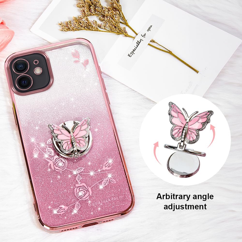 for Apple iPhone 12 Mini (5.4 Inch) Phone Case,for Mobile Phone Case for Women and Girl, Glitter Butterfly Floral TPU Protective Cover with Kickstand+Strap for iPhone 12 Mini (Pink) image 3