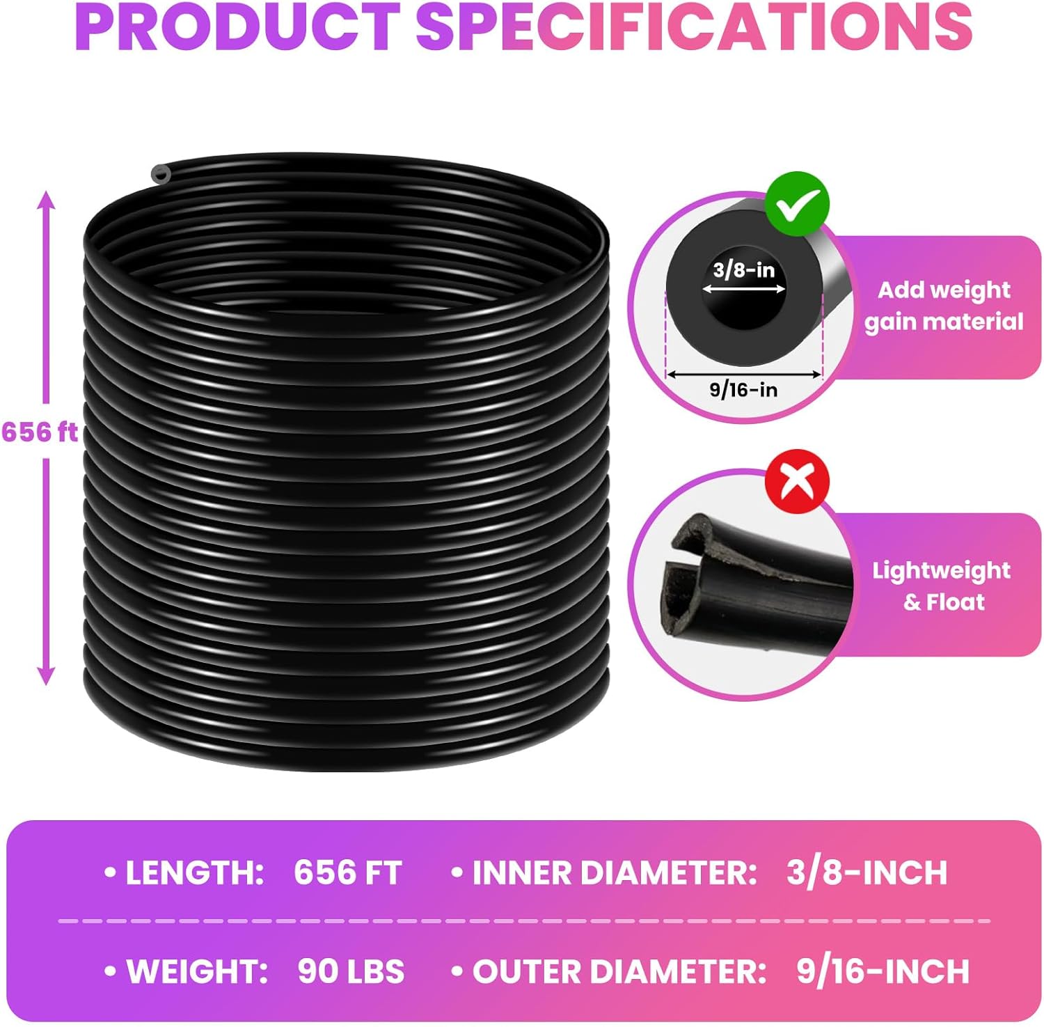 3/8 Inch Self Sinking Aeration Hose, 656 Feet Aeration Hose, Pond Pump Hoses with 4 Stainless Steel Clamps and 4 Copper Menders for Water Garden and Pond Tubing