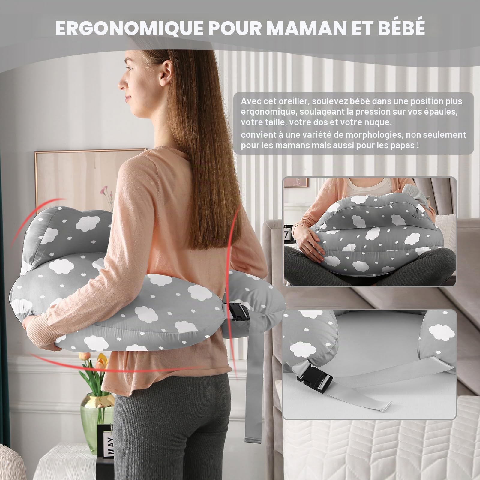 SHANNA Coussin d'allaitement pour Bébé : Coussin d'allaitement 100% Coton, Oreiller De Grossesse en Forme De U, Coussin Ergonomique Multifonction pour Bébé, Cadeau pour Femme Enceinte (Gris Nuage)