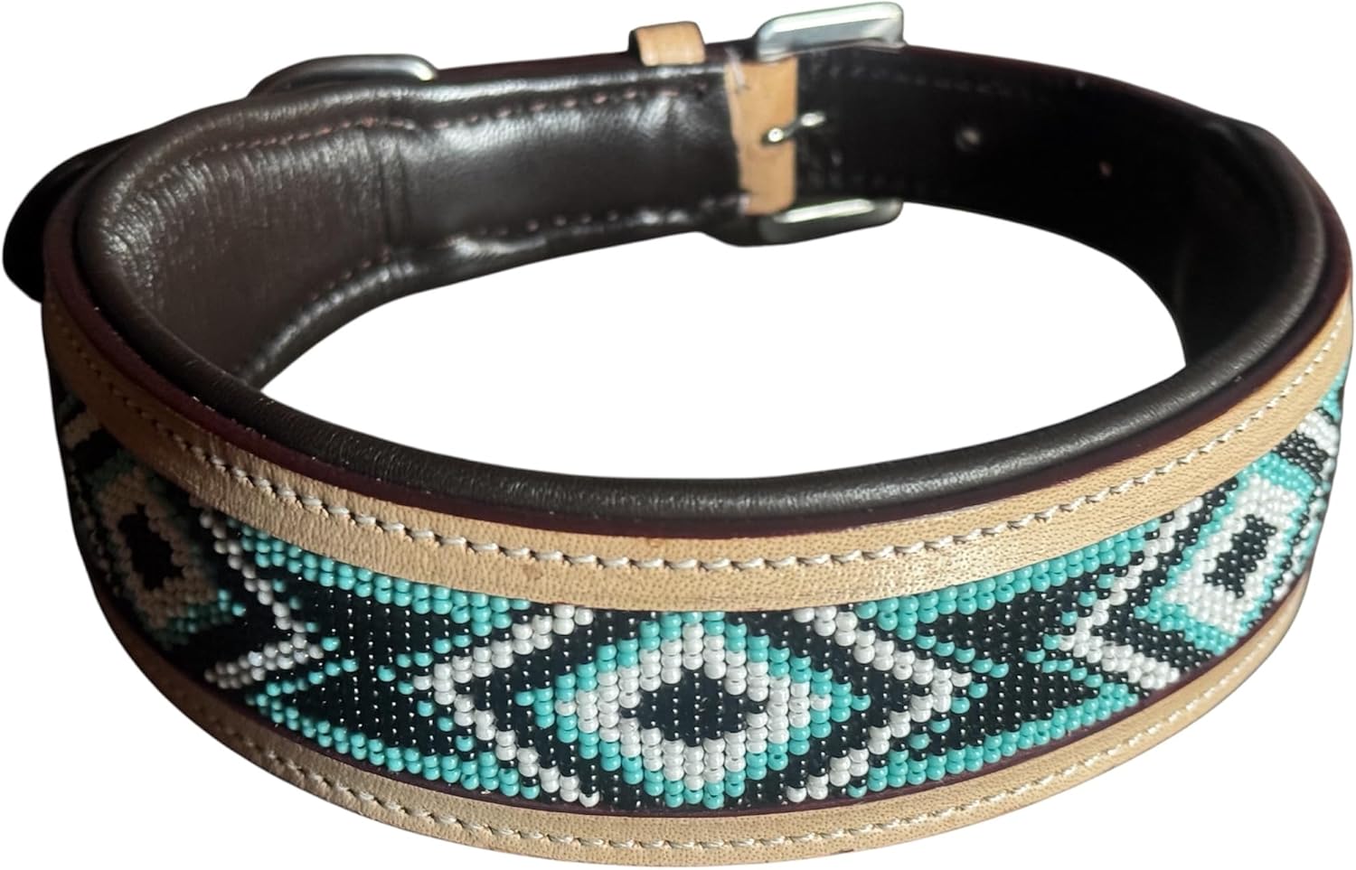Majestic Ally Handcrafted Leather Dog Collar, Turquoise Black White Beaded Pattern, Natural Tan Trim (Turquoise-Black-White, Medium)
