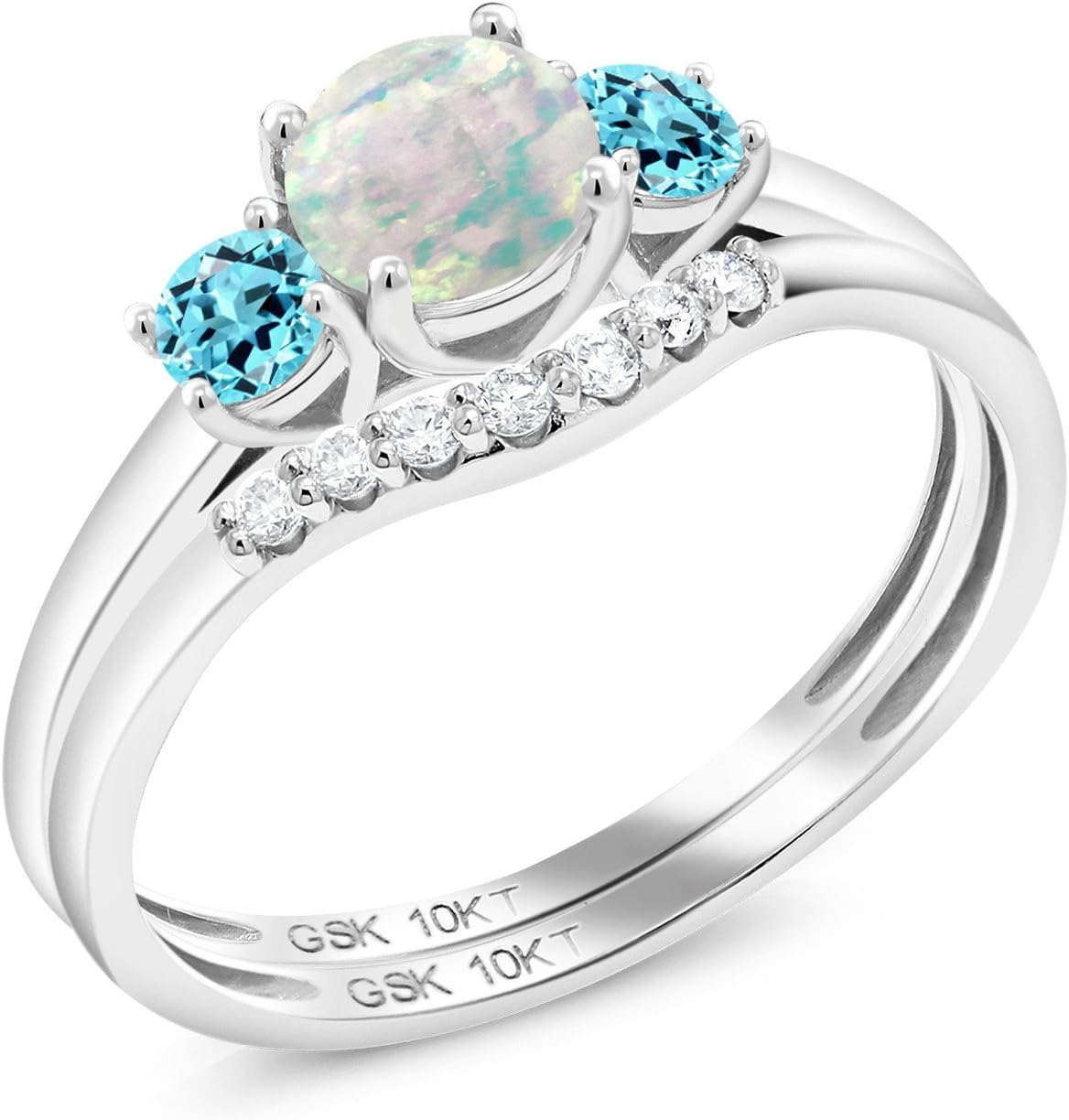 Gem Stone King 10K White Gold Simulated Opal and Swiss Blue Topaz and Lab Grown Diamond 3-Stone Bridal Engagement Wedding Ring Set For Women (0.87 Cttw, Round 5MM)
