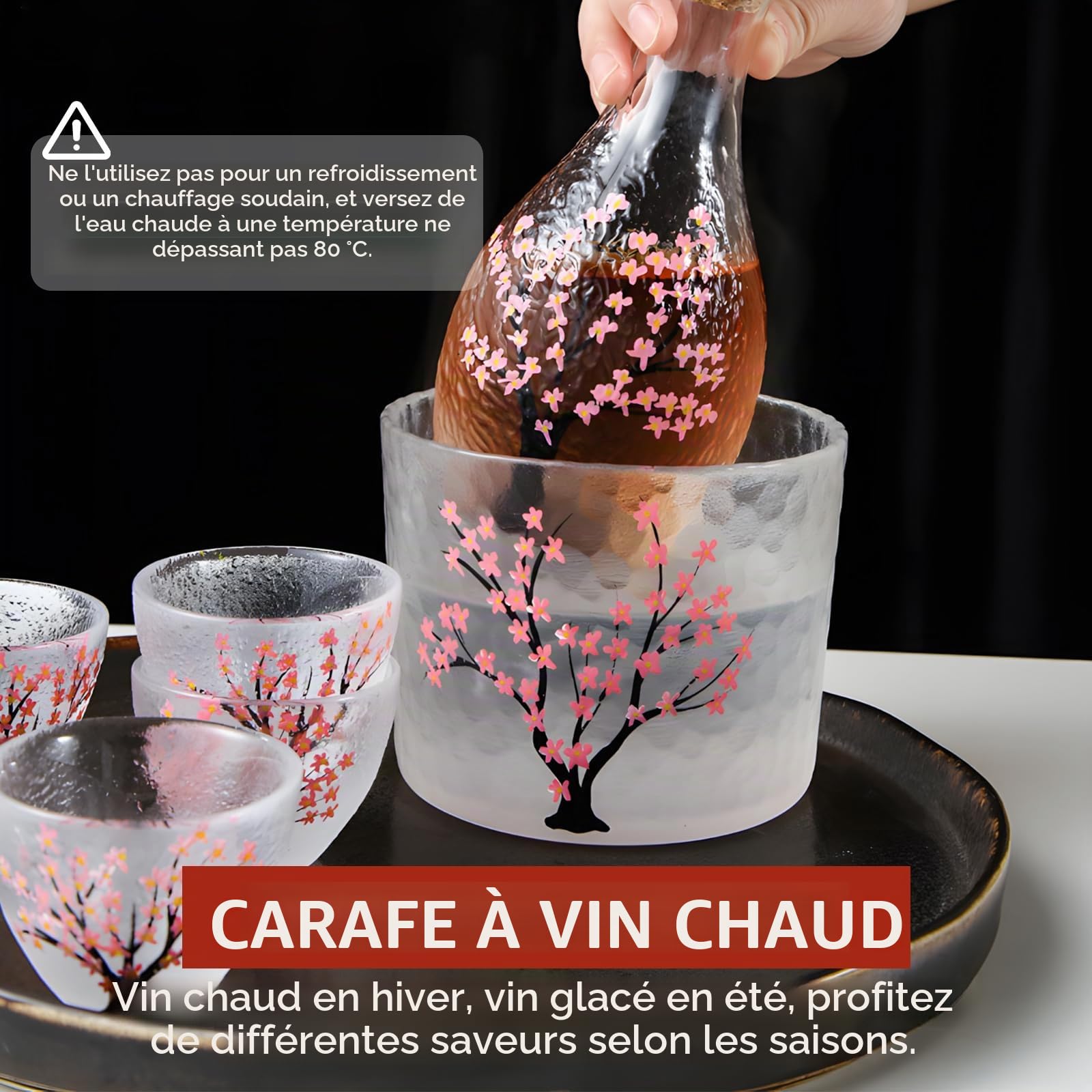 Nimblyne Lot de 6 sakés japonais : 1 bouteille de saké, 1 récipient à saké et 4 gobelets à saké en verre fait à la main avec des fleurs de cerisier rose