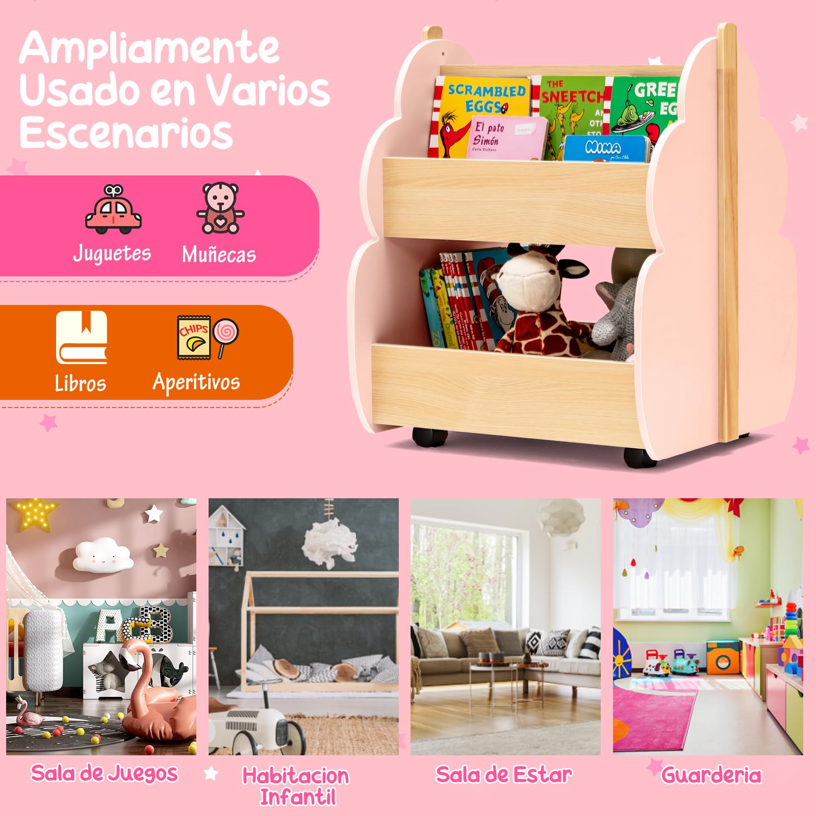 COSTWAY Estantería Infantil de Madera con Ruedas, Librería para Niños de 2 Niveles, Estantería para Juguetes, Multifuncional Organizador de Libros para Salon, Dormitorio de los Niños (Rosa)