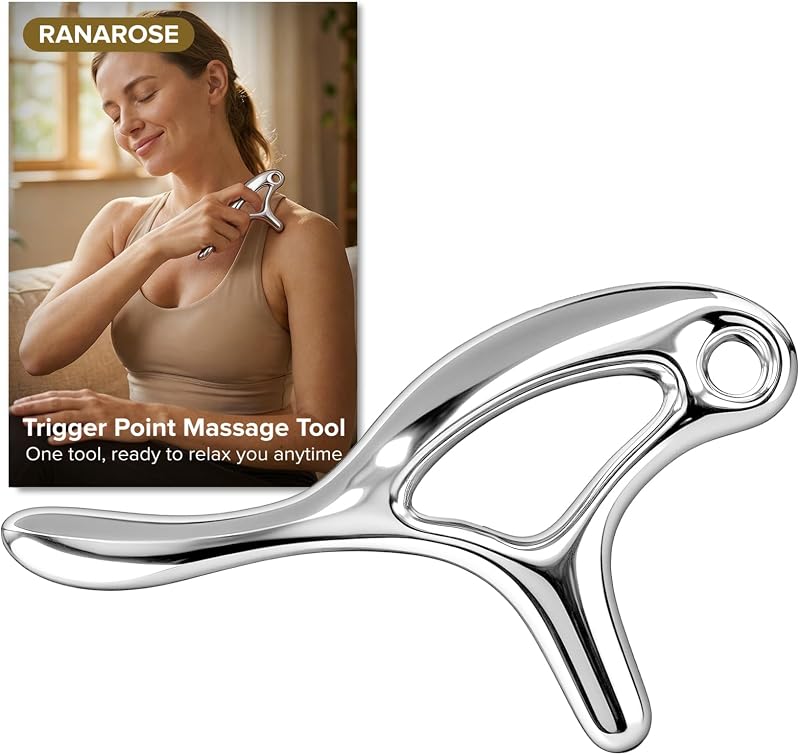 Ranarose Trigger Point Massage Tool for Deep Tissue, Muscle Pain Relief (T) | 6 in 1 Metal Scraper Tool, Fascia Massage Tool for Body Pain & Myofascial Relief, Gua Sha, Thumb Saver & Acupressure Tool