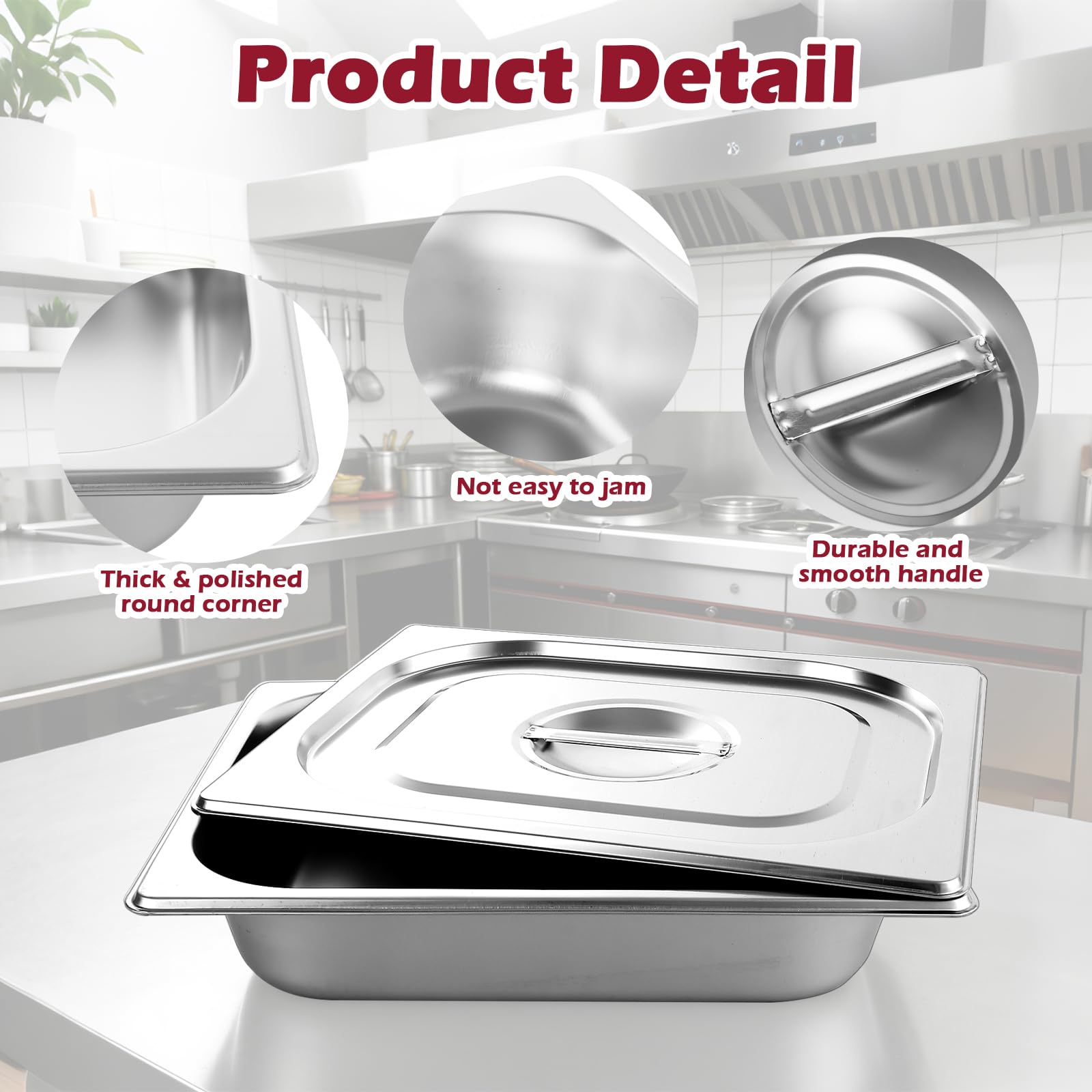 Paquete de 4 sartenes Gastronorm de 1/2 con tapas, 325 x 265 x 65 mm, recipientes de acero inoxidable para alimentos, 6,5 cm de profundidad, 1/2 GN, bandeja para cocina, hotel, restaurante