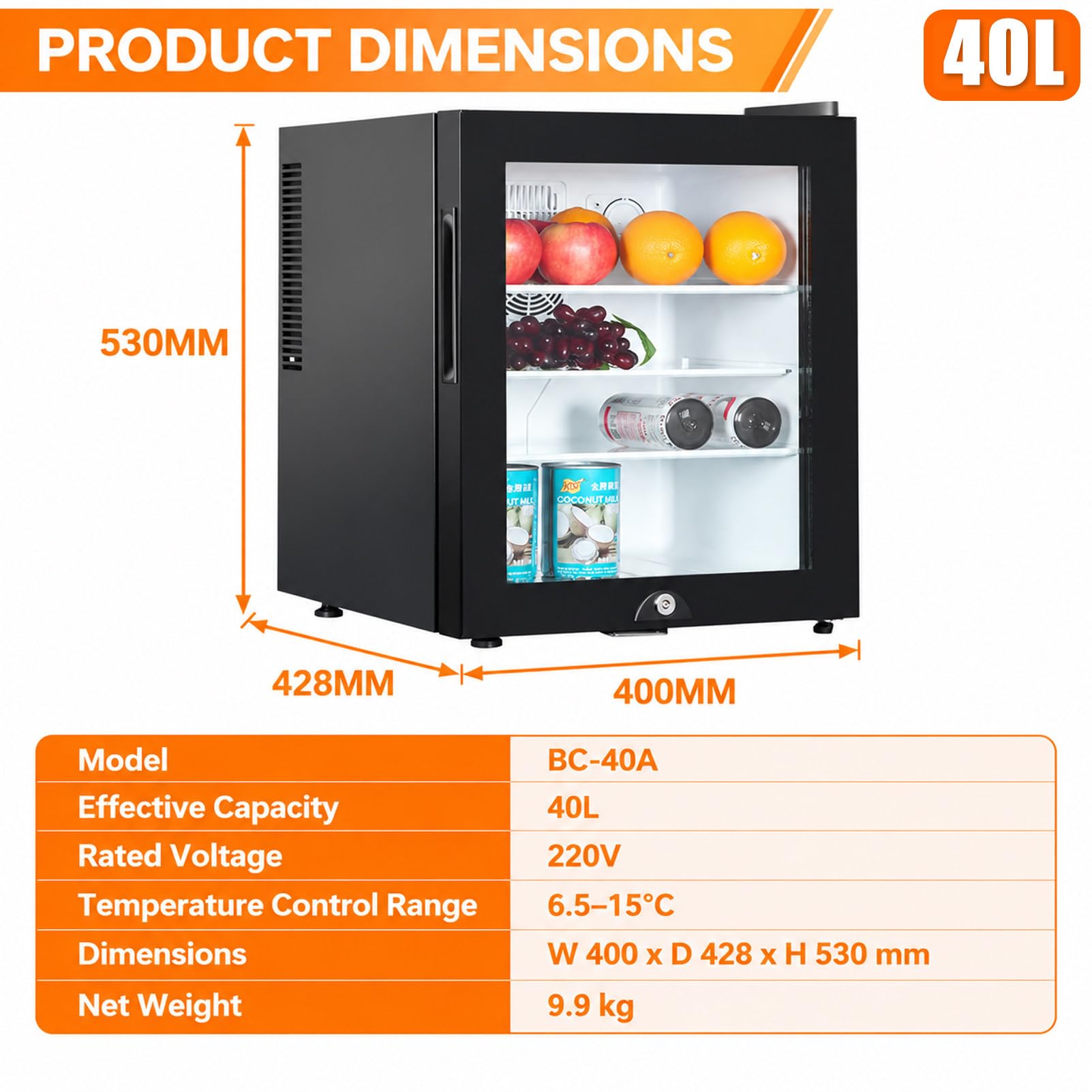 Mini frigo, frigorifero compatto a semiconduttore con porta in vetro 40L