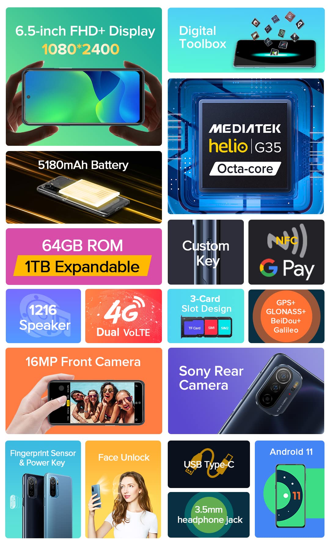 Ulefone Odblokowany telefon komórkowy Note 13P, kamera tylna 20 MP, aparat przedni 16 MP, G35 2,3 GHz 4GB+64GB, smartfon Dual SIM 4G, 6,5-calowy ekran FHD+, gniazdo na 3 karty, Android 11, NFC czarny