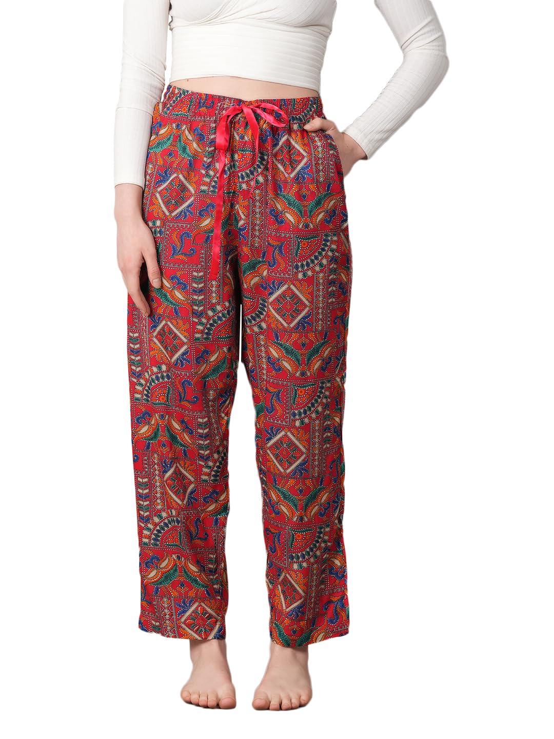Women’s Pure Cotton Woven Pyjama | Mid Rise Relaxed Fit Elasticated Drawstring Waistband & Side Pocket | Comfortable Lounge, Sleepwear & Casual Bottom Wear(PY-88537RED)-picture-34