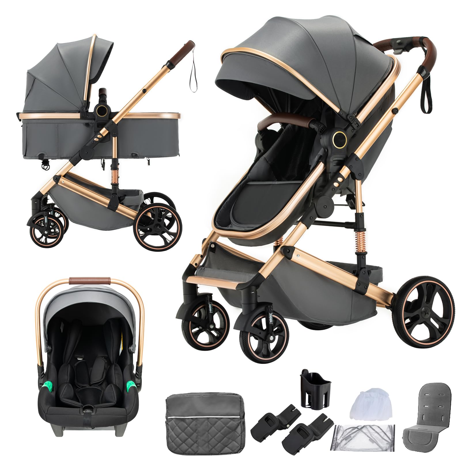 3 in 1 Baby Stroller with One-Touch Folding,3 in 1 Prams Travel System, Lightweight Foldable Pushchair, Prams with Aluminum Frame for Portable Baby Carriage (H9 Dark Grey, H9)