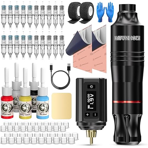 Wormhole Tattoo Gun Kit Wireless Machine Kit with 1,200mAh Capacity Batteries Practice Tattoo Kit 20 Cartridge Needles 5 Tattoo Ink Tattoo Supplies
