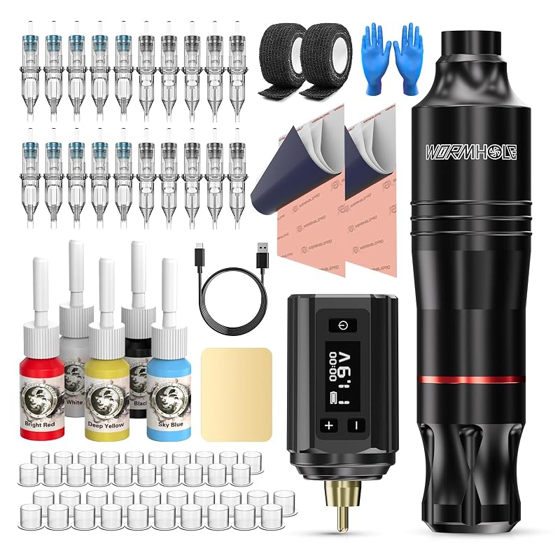 Kit para Tatuagem Wormhole Tattoo com Máquina sem Fio, Baterias de 1.200 mAh, 20 Agulhas Cartucho e 5 Tintas